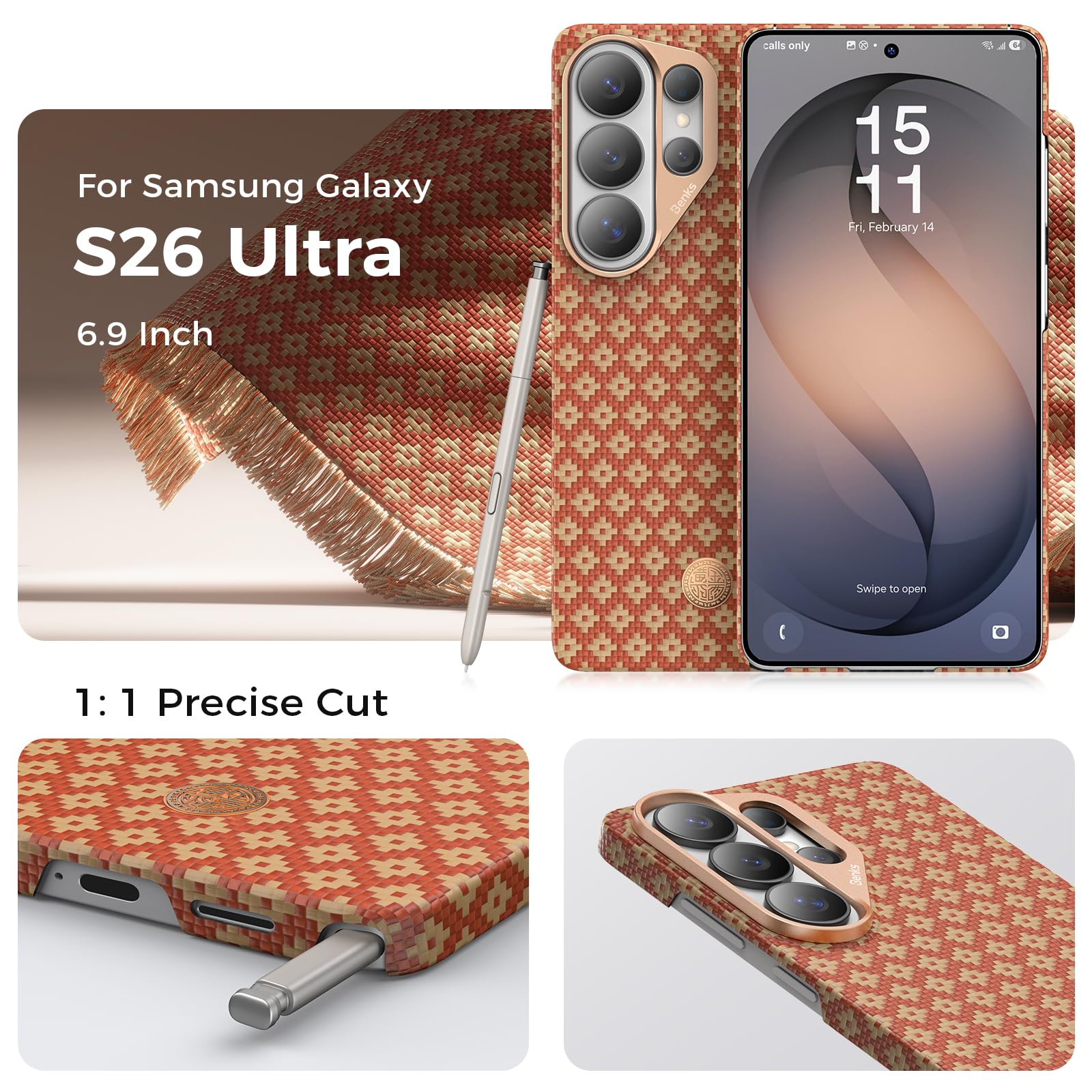 BENKS Etui do Samsung Galaxy S26 Ultra – Kevlar® Case kompatybilne z MagSafe, ultracienkie i lekkie, tkane włókno aramidowe z aluminiową ochroną aparatu, ArmorGrid Air Fortune pomarańczowe