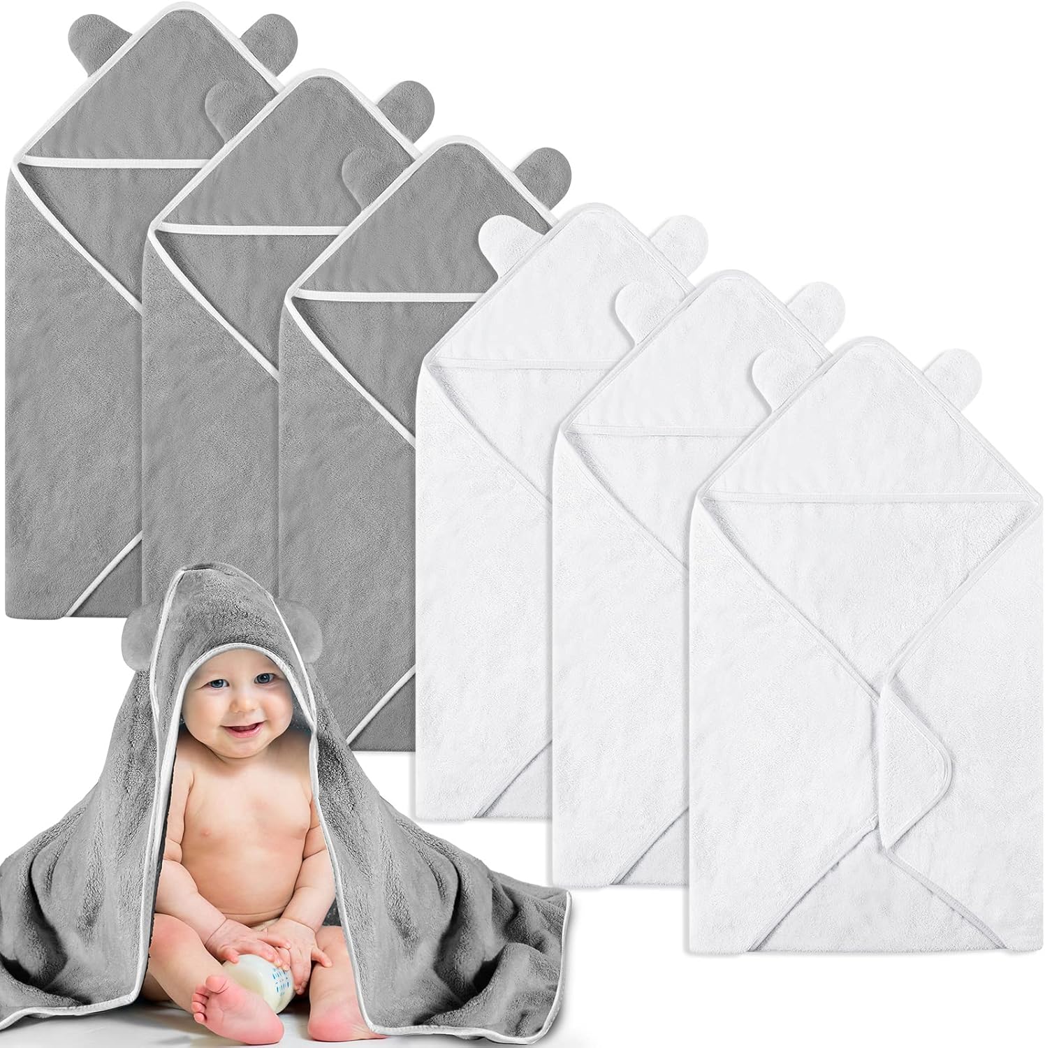Lounsweer 6 Pieces Baby Bath Towels 30 x 30 Inch Hooded Toddler Towel Bath Blanket Absorbent Coral Fleece Hooded for Toddler Infant Newborn Shower Gift Supplies(Multicolor)