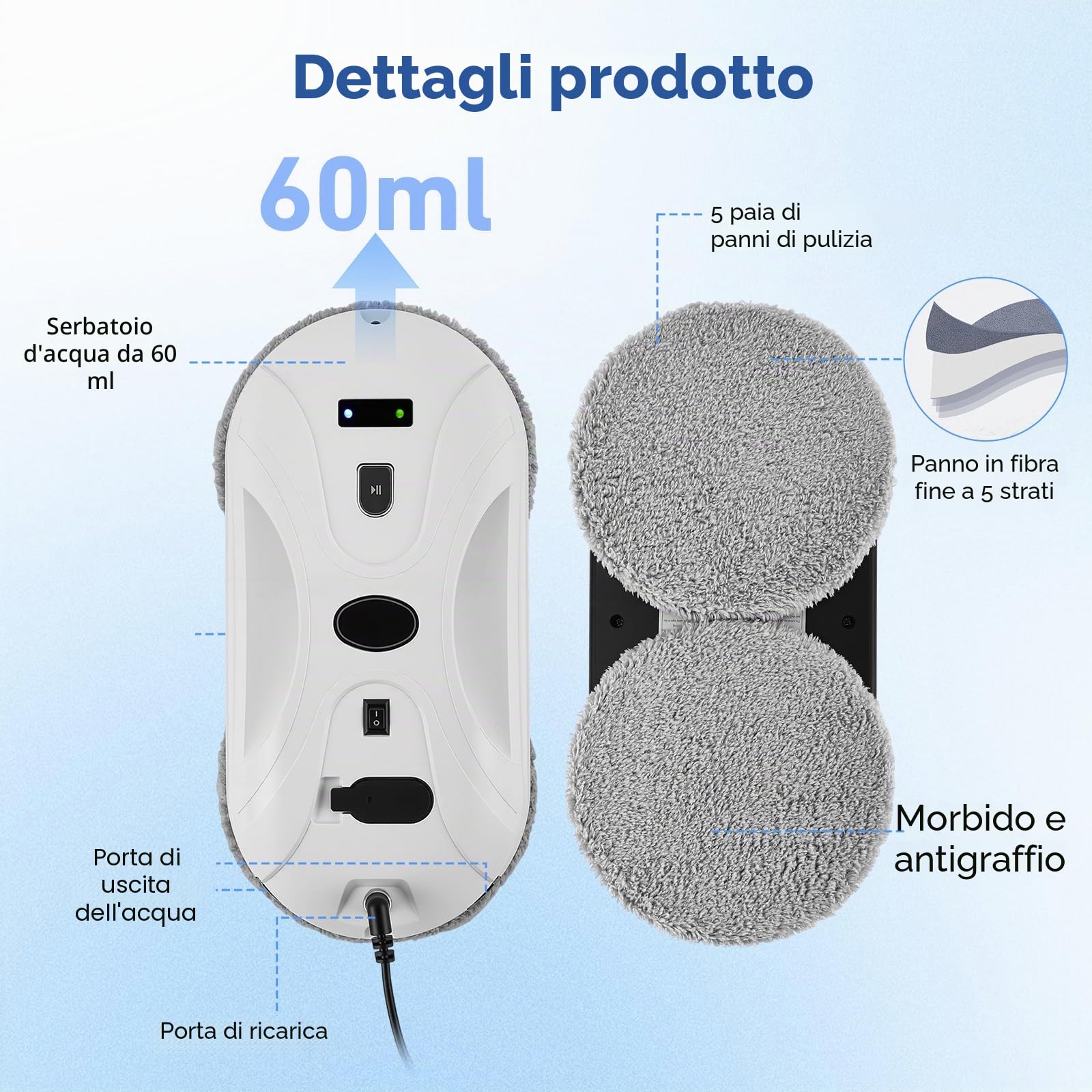 Robot Lavavetri Automatico 5800Pa, Puliscivetri Elettrico con Doppio Spruzzo, Navigazione Intelligente, 3 Modalità, Telecomando, Sensore Bordi, Anticaduta e 10 Panni, per Finestre,Specchi e Piastrelle