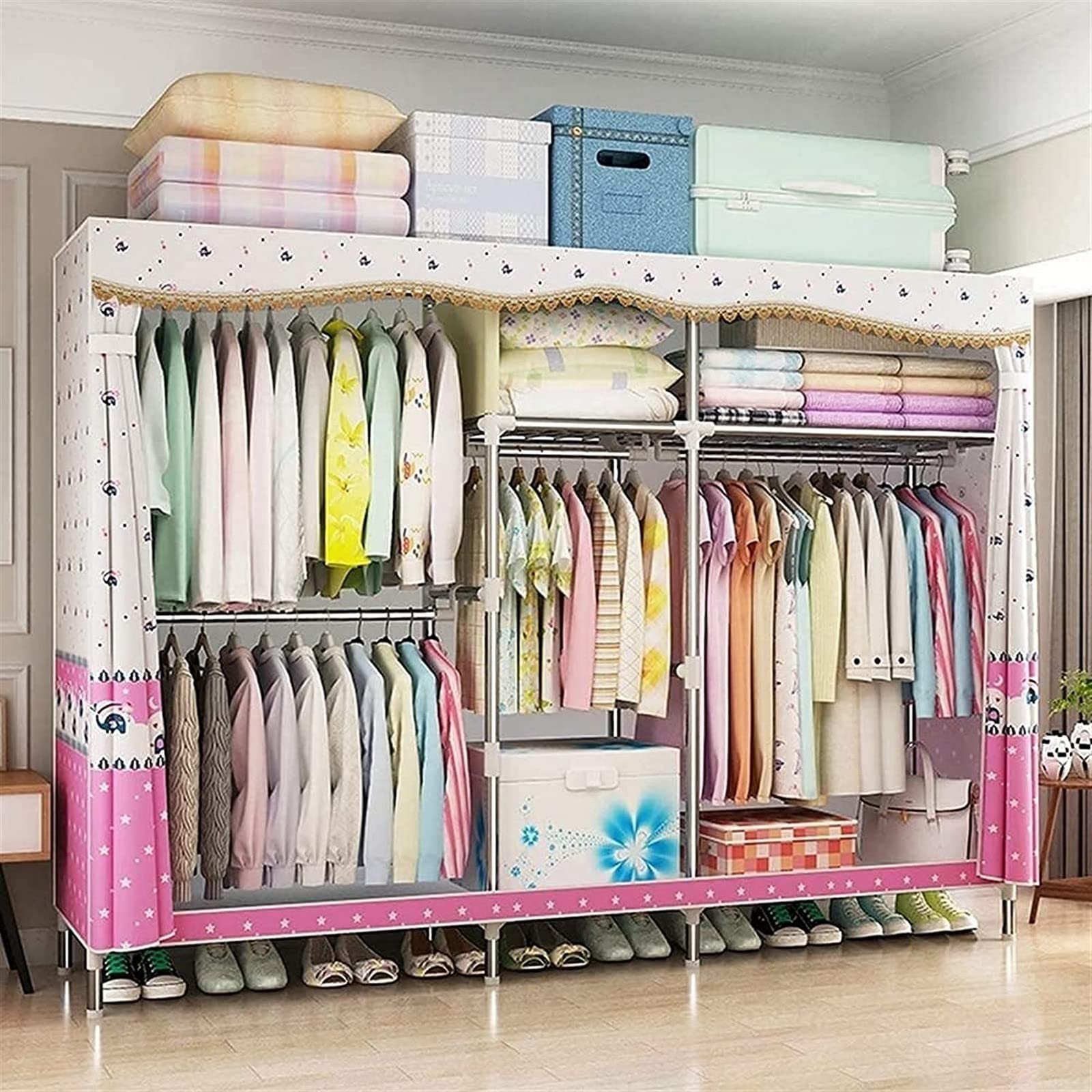 Armoire portative en tissu avec cadre en acier épais et penderie pour vêtement