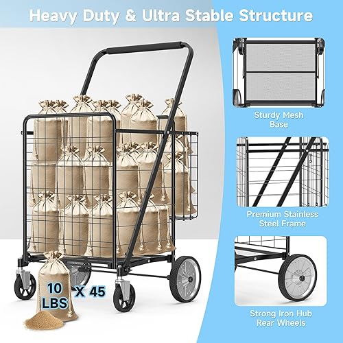 Miniatura 4 de APILAB - Carrito de compras extra grande, enorme carrito de comestibles con ruedas giratorias de 360, capacidad de 450 libras, carrito de compras