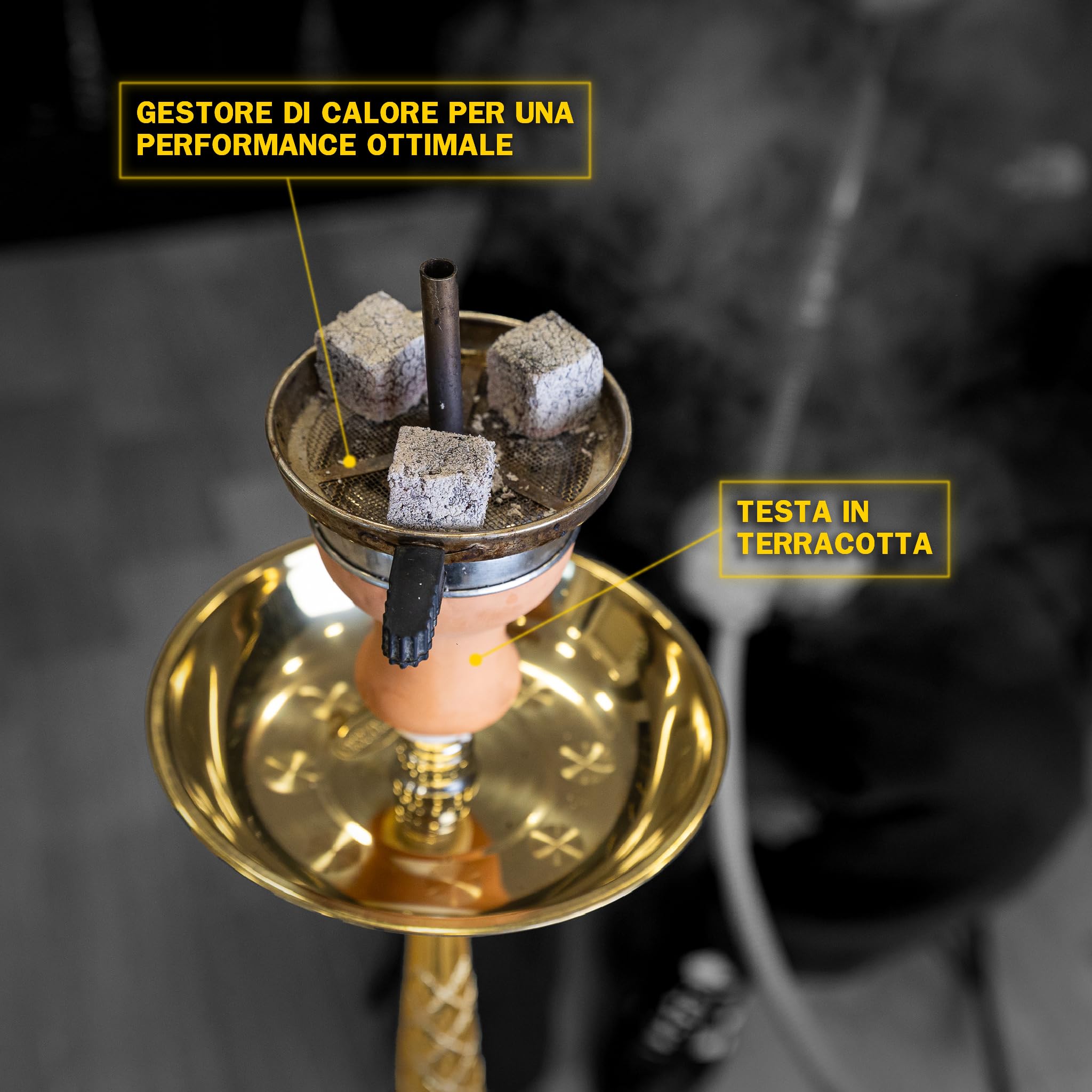 Cachimba Tradicional Al Fakhir 70 cm | Shisha de Latón Dorado con Manguera de Cuero, Cazoleta de Terracota, Gestor de Calor, Pinza y Porta Carbón Dorado