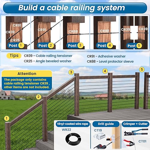 Miniatura 6 de Paquete de 20 barandillas de cable negro de 18 pulgadas, tensor de estampación de mano, 4x4, 2x2, poste de metal de madera, acero inoxidable,