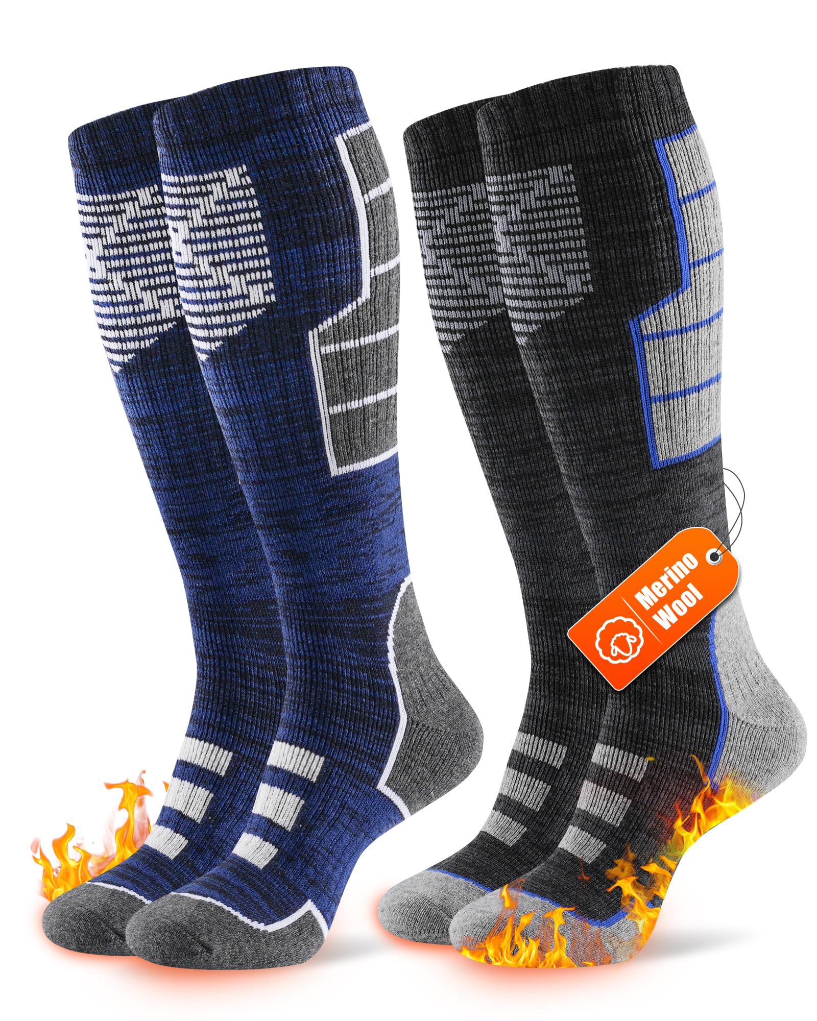 Niofind Merino Skisocken Herren Damen 2 Paar, Vollfrottee Thermosocken Warme Wintersocken, Feuchtigkeitsableitende Skistrümpfe für Kaltes Wetter Skifahren Snowboarden Wandern Jagen