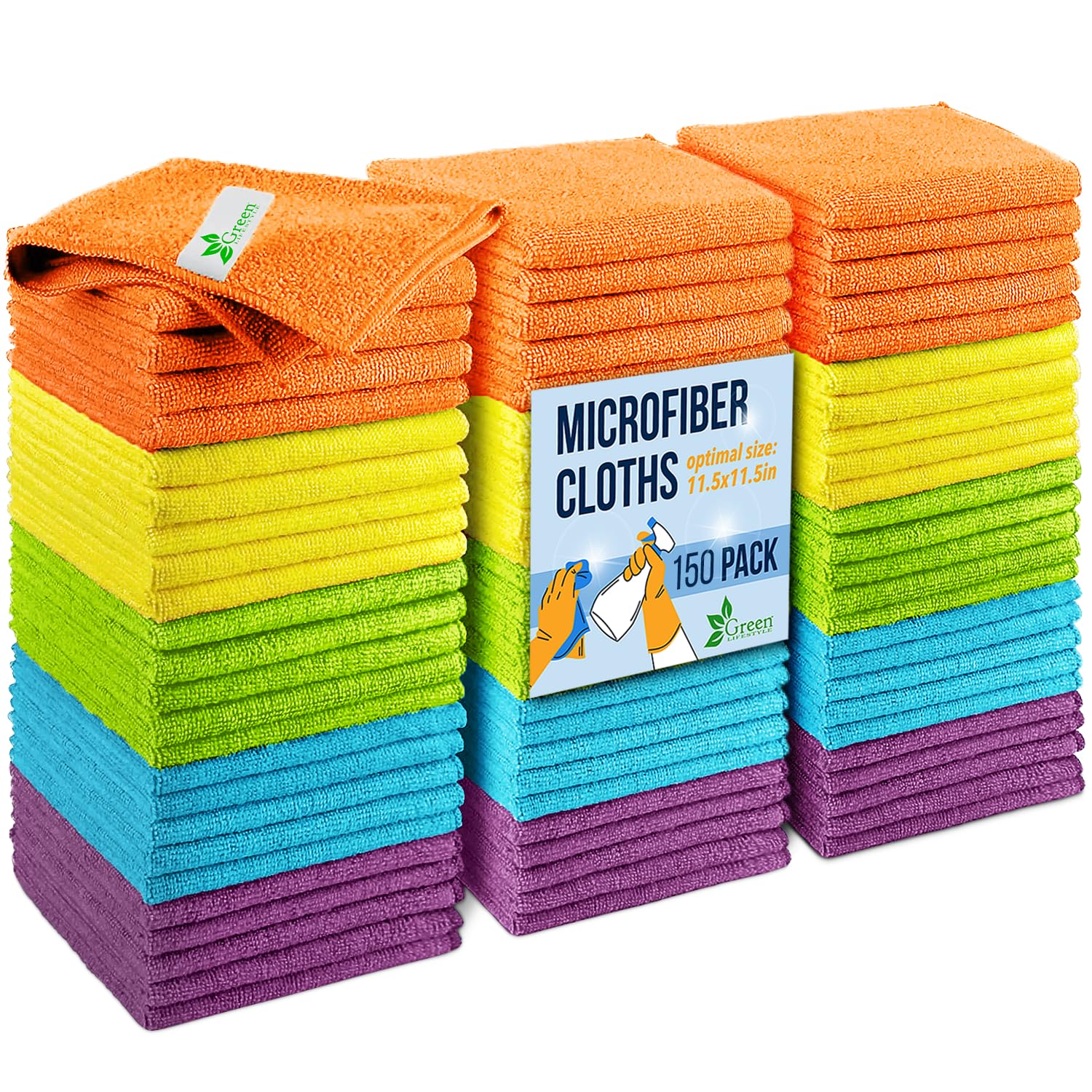 GREEN LIFESTYLE Chamois Cloth, Microfiber Cleaning Cloth 150 Pack, Borderless Towels Cleaning, Car Microfiber Towel, Drying Wash Towels (11.5" x 11.5", Multicolor)