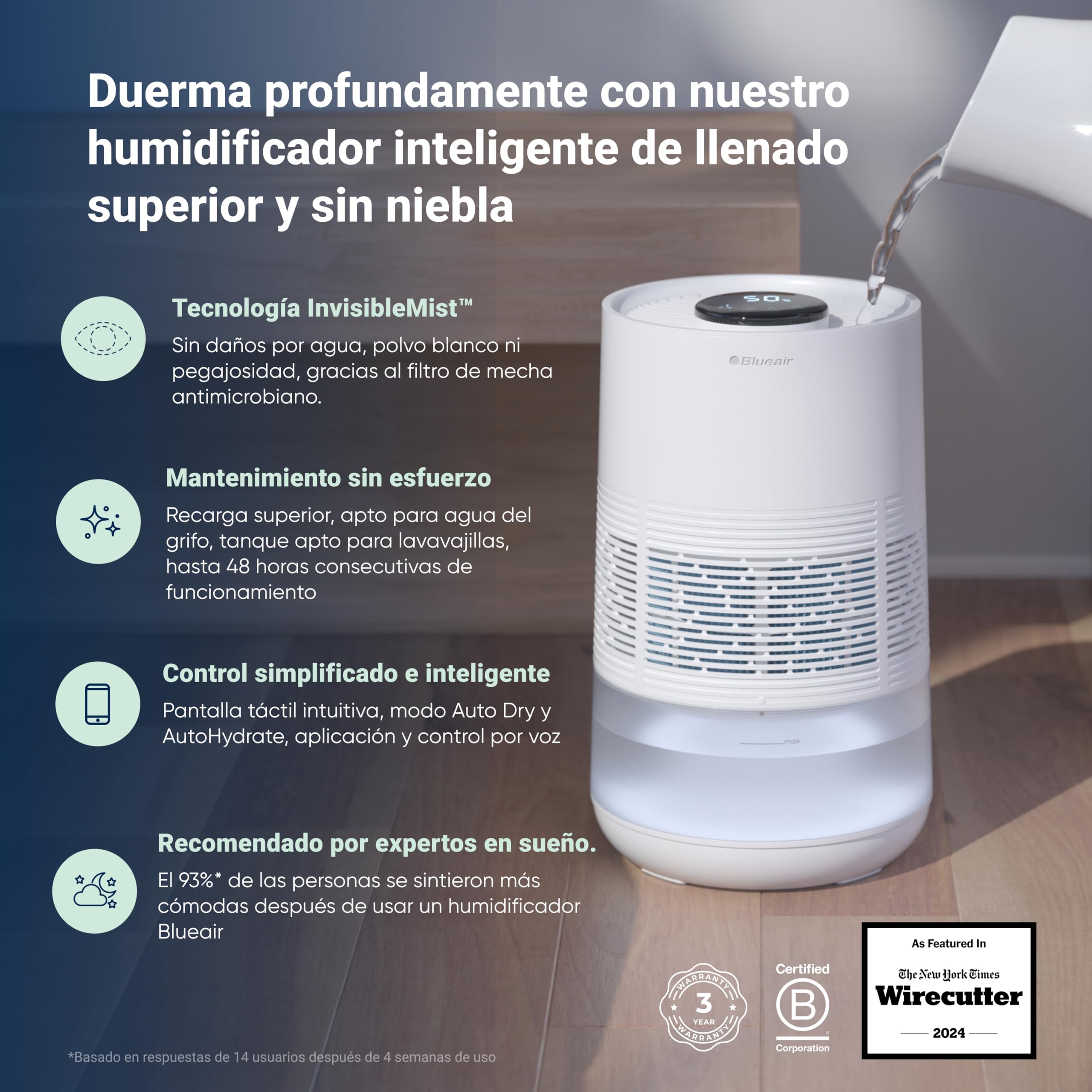 BLUEAIR Humidificador inteligente Premium para habitaciones de hasta 46 m²: depósito de 3,5 l apto para lavavajillas, mejor descanso con tecnología de evaporación, modo automático y nocturno.