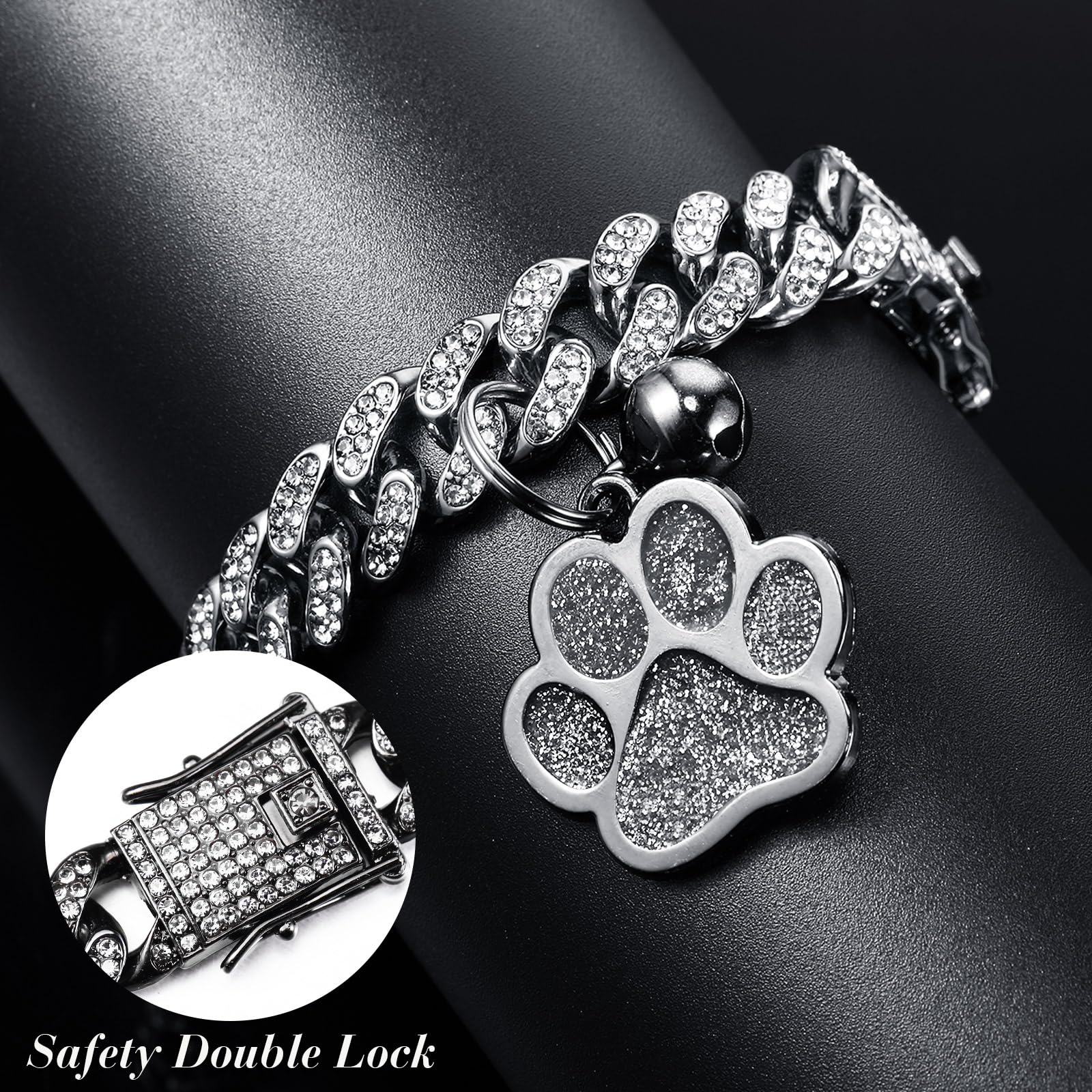 Hillban Katzenhalsband, Diamantkette, Glitzer-Halsband, Metall mit sicherer Schnalle, Katzen-Haustier-Halskette mit Pfoten-Anhänger und ID-Tag, Glöckchenglied, kubanisches Schmuckzubehör (20,3 cm,