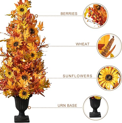 Miniatura 5 de Glitzhome 2 piezas de árbol de arce iluminado de 4 pies con temporizador, hoja de arce artificial de otoño y urna de girasol, árbol de porche con 20