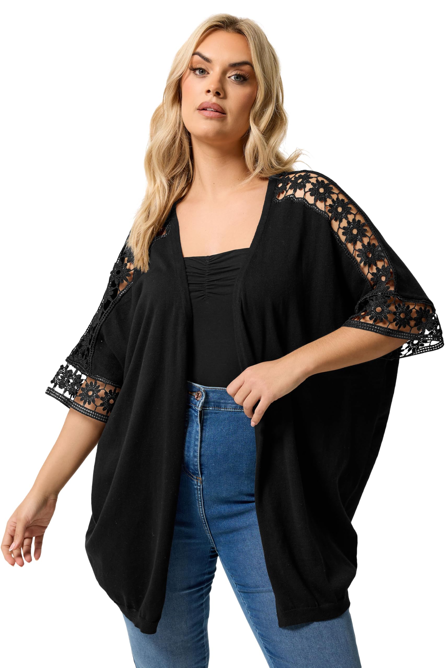 Yours Women's Crochet Sleeve Kimono in Black | Size: 26-28