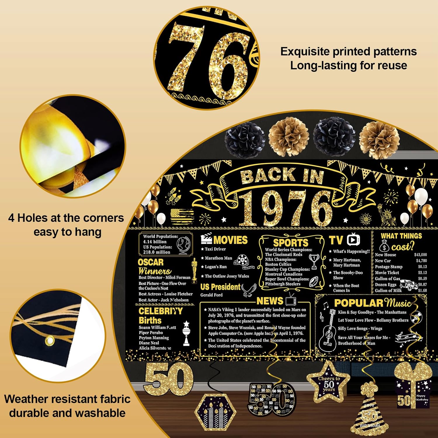 50th Birthday Decorations for Men Women, 103 PCS Back in 1976 Decorations, Vintage 50th Birthday Party Tableware Set for men,Backdrops,Card, banner, paper Poms,Hanging Swirl, Tableware for 24 Guests