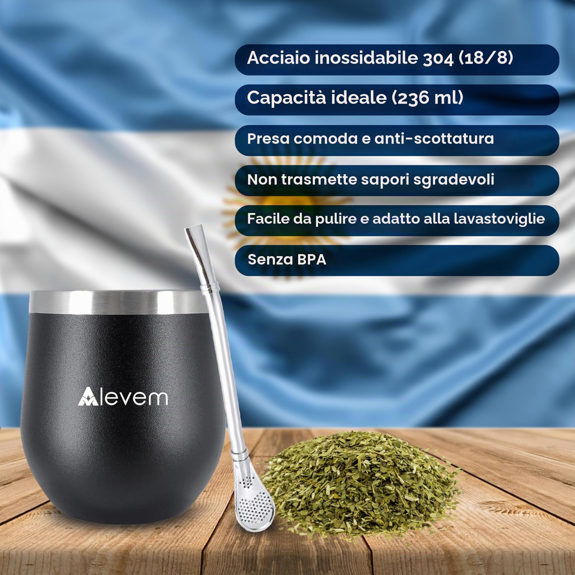 Kit completo argentino da 7 pezzi, include zucca opaca, thermos argentino opaco 1 l, lampadine, scatola portaoggetti yerba e borsa per il trasporto