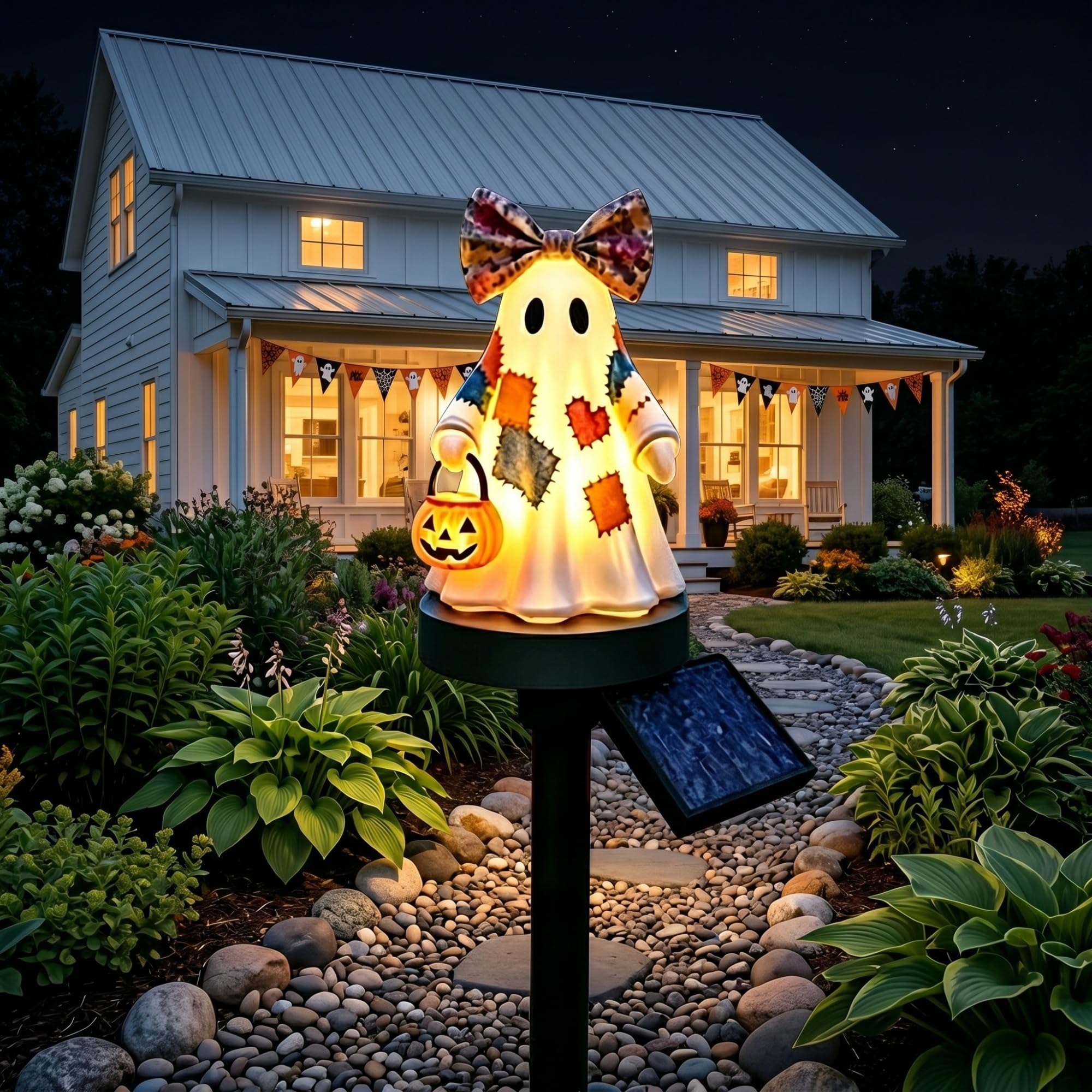 Lighted Vintage Patchwork Ghost Halloween Decor- LED Ghost Tabletop Figurine & Solar Garden Stake Lights, Rustic Spooky Pumpkin Lantern, Cosy Mantel Centrepiece For Indoor Outdoor(Floor-standing)