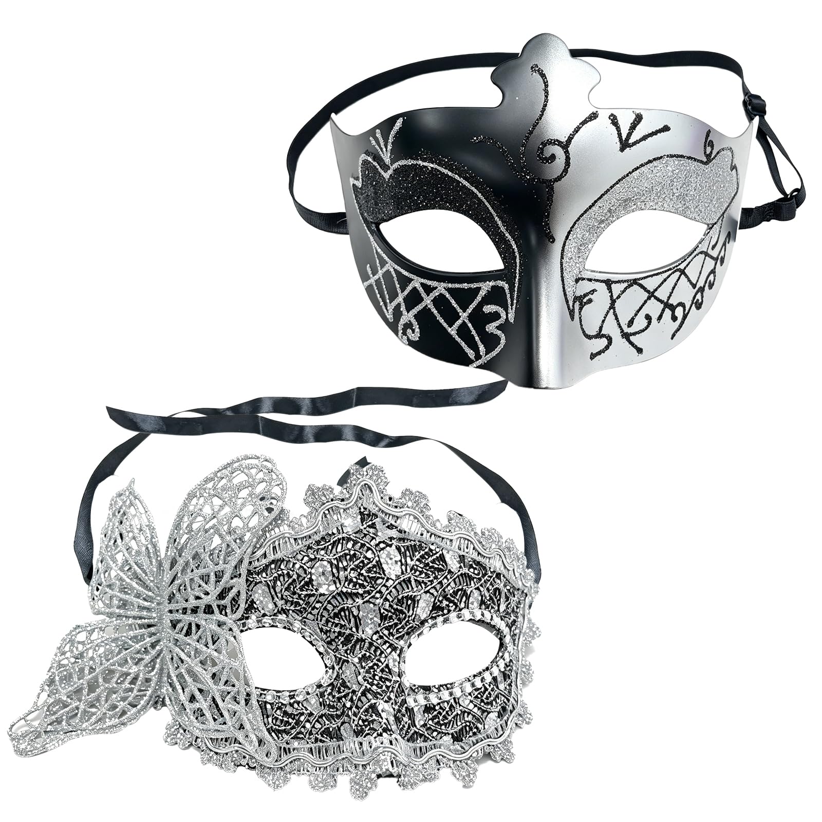 VEINARDYL 2 pcs Couple's Masquerade Masks, Men Women's Venetian Mask for Ball Party Masquerade Sexy Eye-mask Costume - Silver