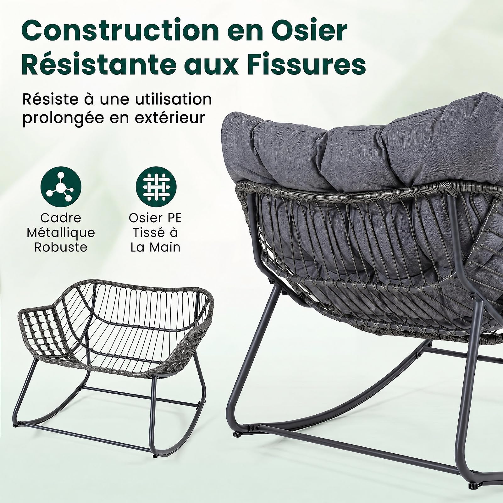 SOARS Fauteuil a Bascule en Rotin PE avec Repose-Pieds, Chaise a Bascule Surdimensionné avec Coussin Rembourré, Cadre en Métal, Charge 150KG, Rocking Chair en Forme d’Œuf Salon Jardin Balcon (Gris)