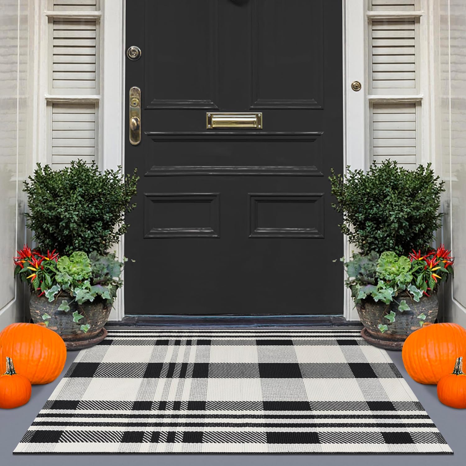 Aoczes Buffalo Plaid Outdoor Rug 2x3 Cotton Woven Rug Black