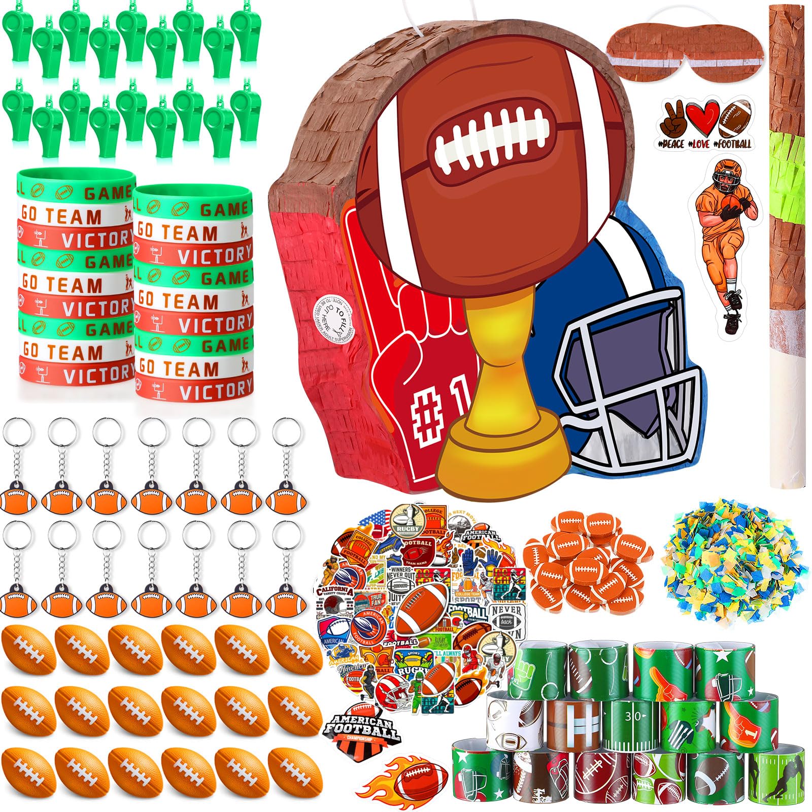 Hollowfly 162 pz Piñata Calcio Bomboniere Festa di Calcio con Benda Coriandoli Pipistrello Mini Stress Balls Portachiavi Braccialetti Fischietti Gomma Tatuaggio Adesivi Sport Piñata Compleanno