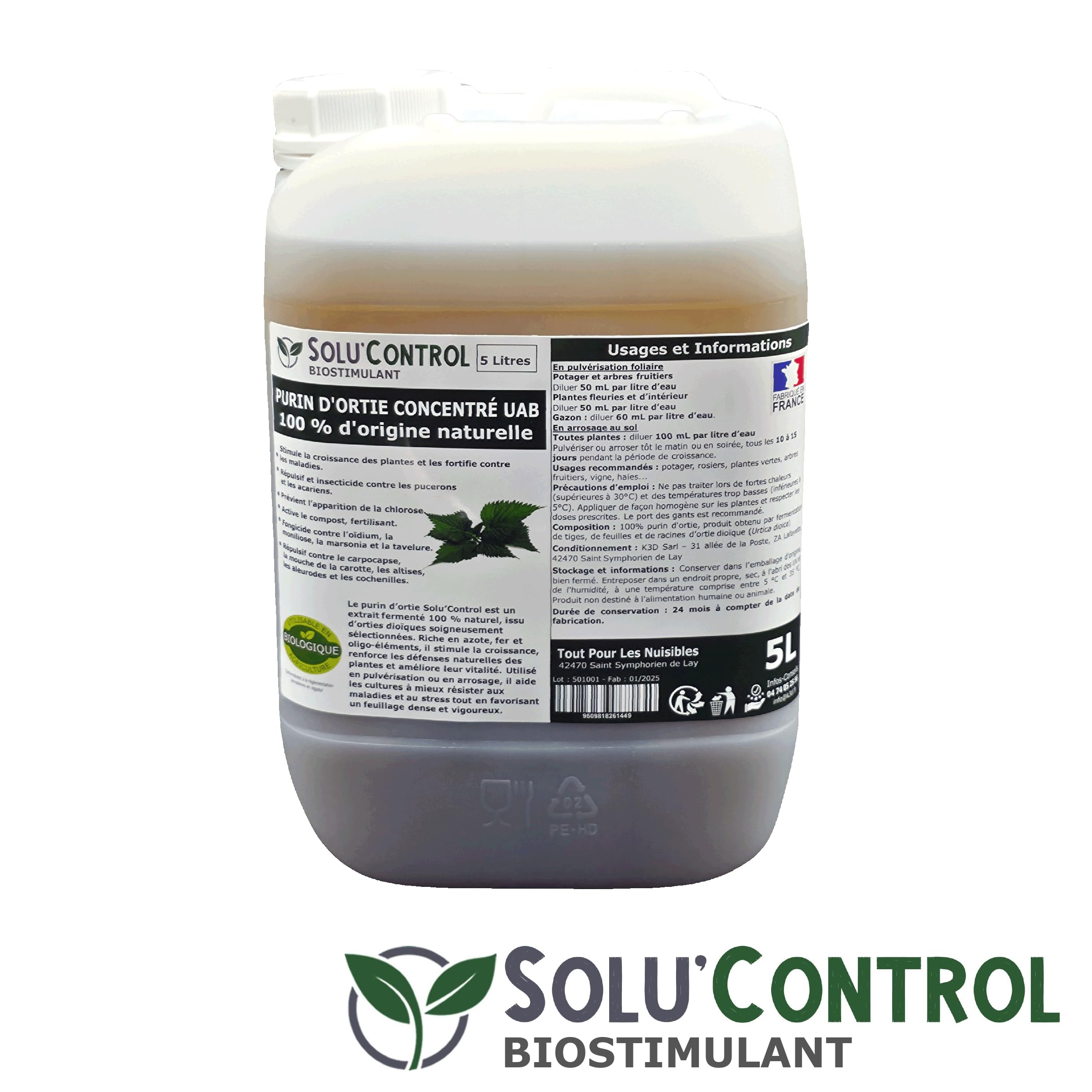 Purin d’Ortie Naturel Solu’Control UAB – 5L – Fongicide & Insecticide Végétal – Stimule la Croissance et Renforce les Plantes – Utilisable en Agriculture Biologique – Fabriqué en France