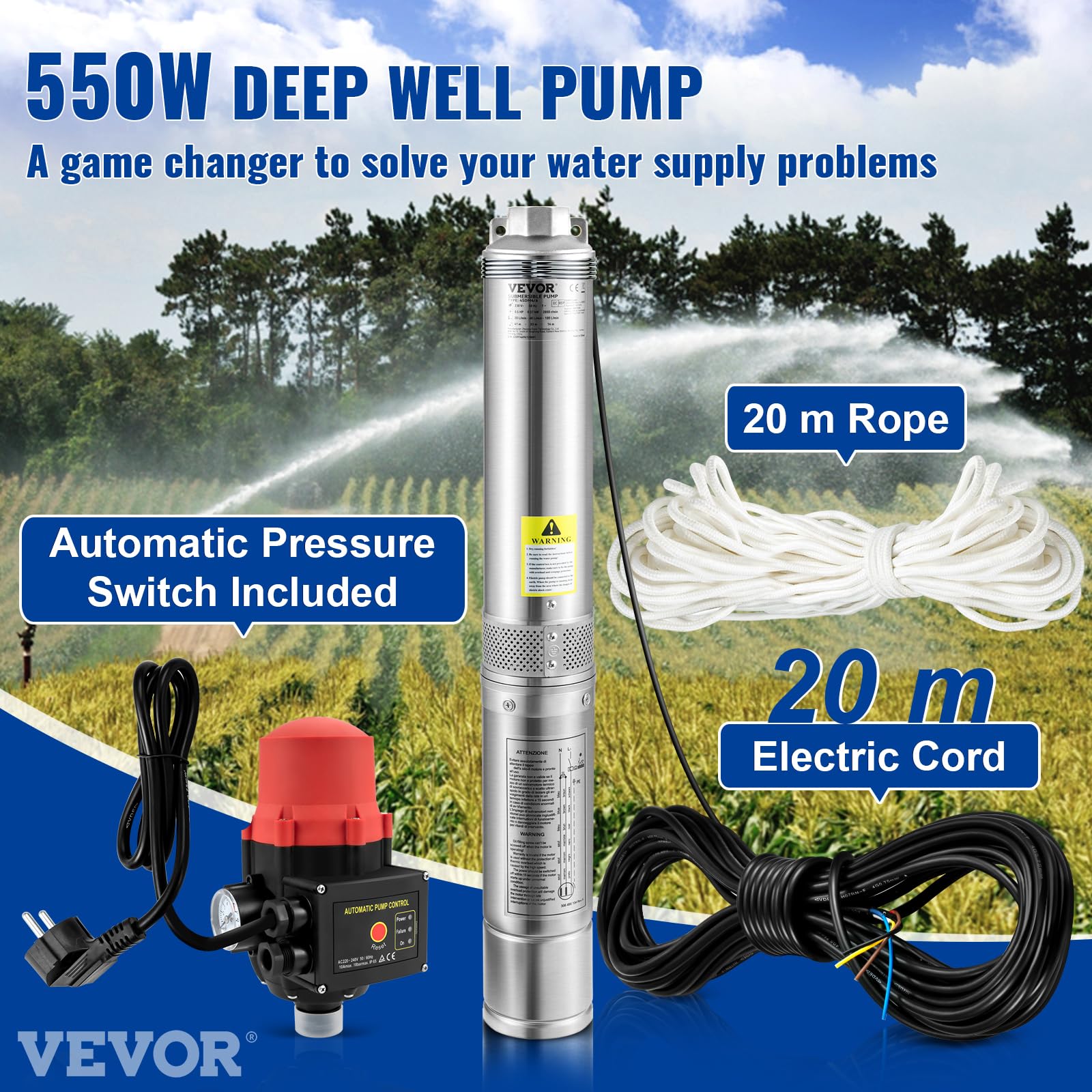 VEVOR 3'' Tiefbrunnenpumpe 550W Brunnenpumpe Max. Durchfluss 50L/min Tauchpumpe Förderhöhe 89m Tauchwasserpumpe Sandbeständig <5% Drehzahl 2850U/min Süßwasserversorgung Bewässern Entwässerung, Silber