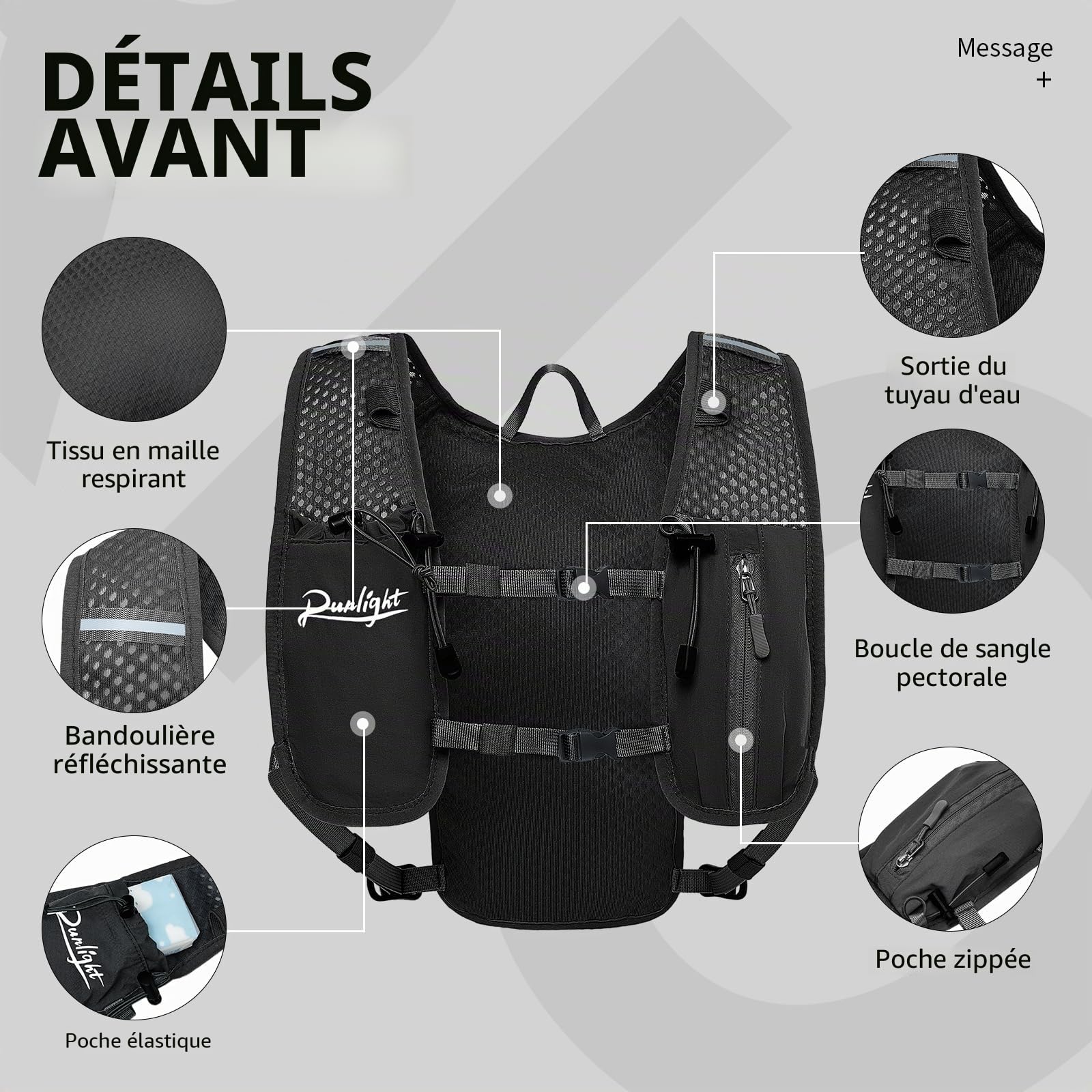 Runlight Gilet de course pour homme et femme, sangles de poitrine réglables, gilet d'hydratation avec bouteille d'eau de 1500 ml
