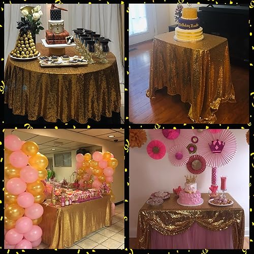 Miniatura 4 de Mantel redondo de lentejuelas doradas de 108 pulgadas con purpurina brillante para mesas redondas, bodas, despedidas de soltera, fiestas de