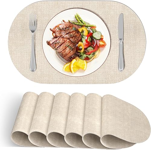 Miniatura 8 de DOLOPL Juego de 6 manteles individuales ovalados de piel sintética gris resistentes al calor, antideslizantes, manteles individuales lavables y