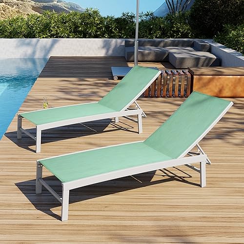 VredHom Patio Aluminum Chaise Lounge Chair, Set of 2 Outdoor Recliner Lounge Chair Sun Loungers, All Weather Chaise with 5 Adjustable Backrest and Lay Flat Positions for Garden, Balcony, Pool