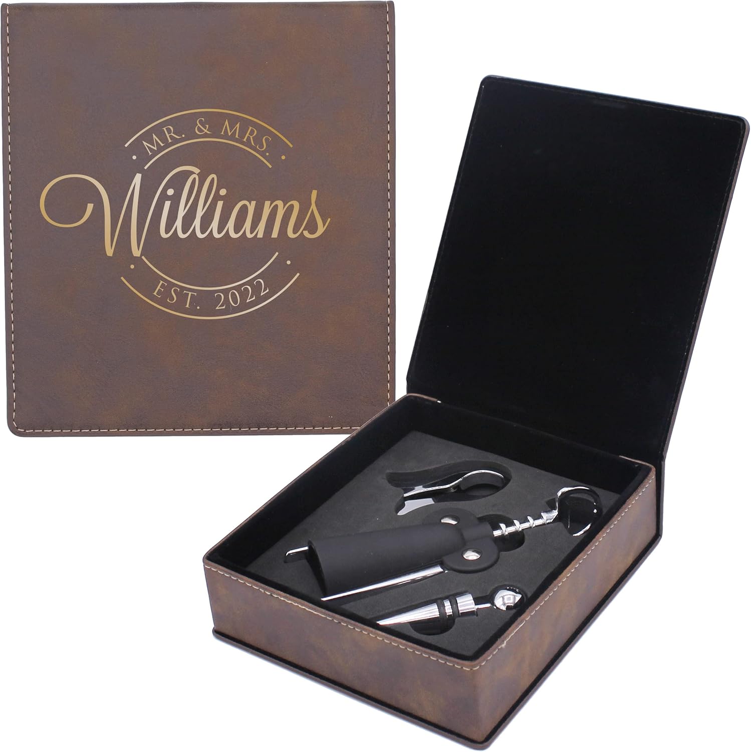 Monogrammed 3 Piece Winged Butterfly Wine Opener Corkscrew Set - Custom Personalized and Engraved (Rawhide with Gold)