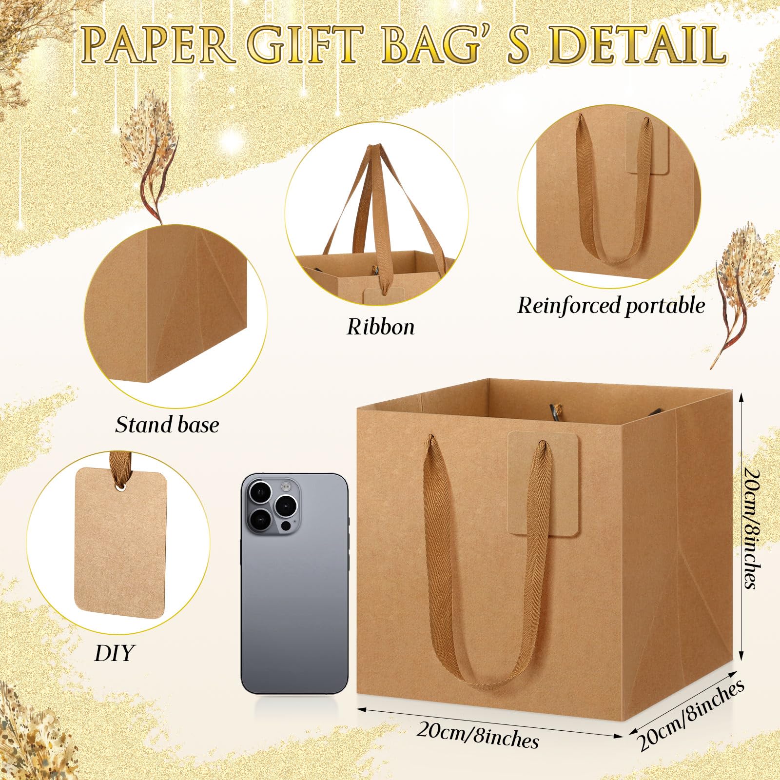 Windyun 25 bolsas de regalo cuadradas de papel con asa de 8 x 8 x 8 pulgadas, bolsa pequeña con etiqueta de agradecimiento para el día de San Valentín, cumpleaños, boda, despedida de soltera, dama de