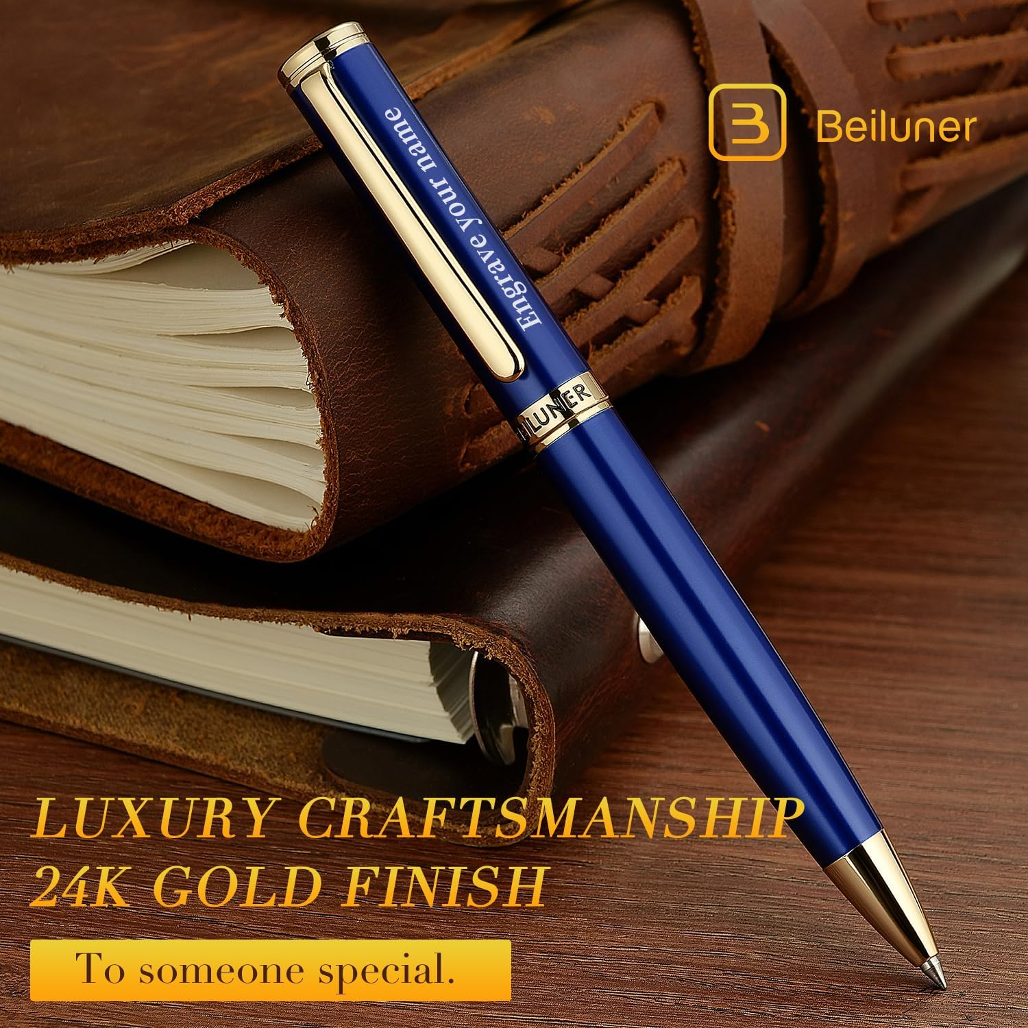 BEILUNER Luxury Personalized Gel Pen with 24K Gold Finish, Blue Piano Lacquer, Luxury Grade Craftsmanship, Best Pen Gift Set for Men and Women, Professional, Executive, Office, Retractable Nice Pens