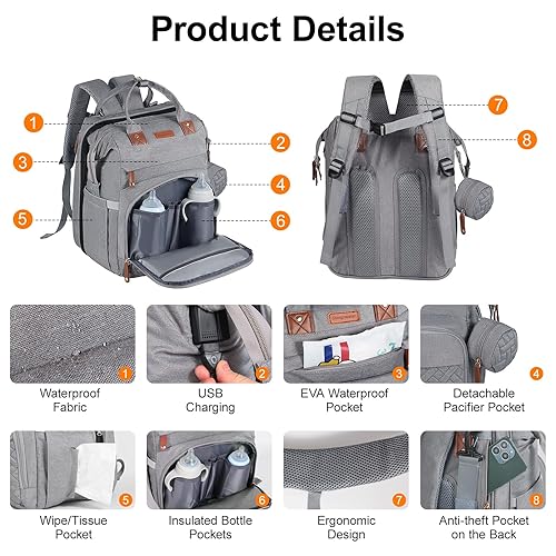 Miniatura 3 de Bolsa de pañales para bebé, mochila con cambiador, bolsa de bebé unisex, con almohadilla para pañales, puerto de carga USB, funda aislante para