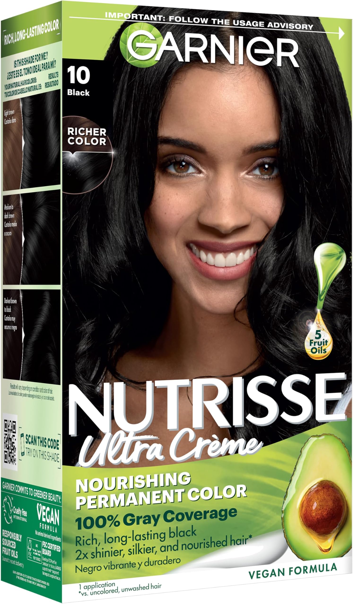 Garnier Nutrisse Ultra Crème Hair Color, Permanent Hair Dye with 100% Gray Coverage, Vegan & Cruelty-Free, 10 Black (Licorice), 1 Count