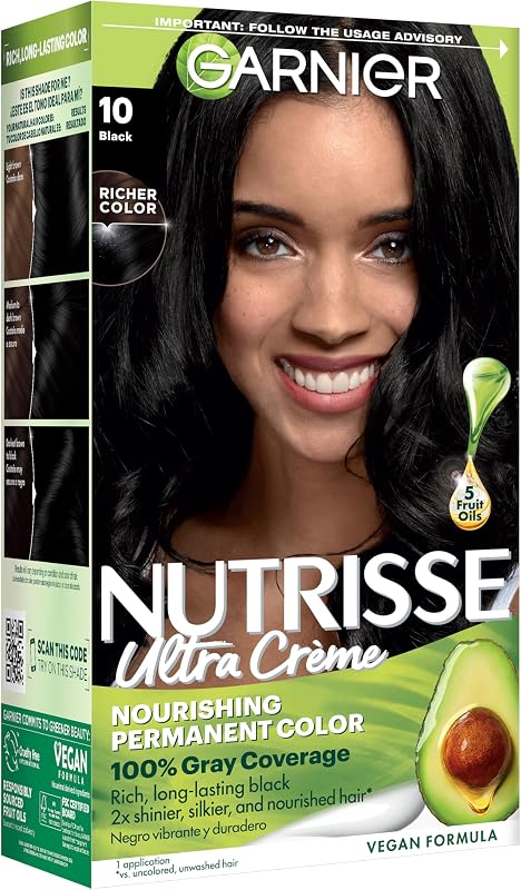 Nutrisse Ultra Crème Hair Color, Permanent Hair Dye with 100% Gray Coverage, Vegan & Cruelty-Free, 10 Black (Licorice), 1 Count