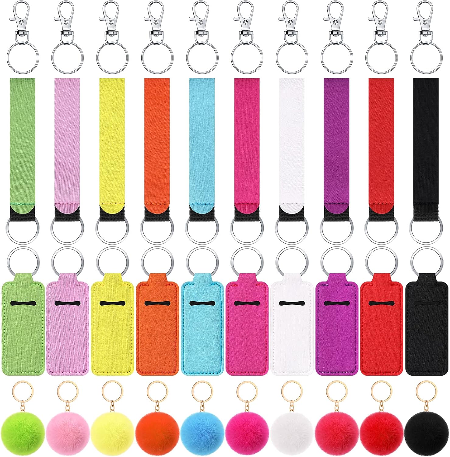 Junkin 40 Pcs Lipstick Holder Keychain Lip Holder Keychain Clip on Lipstick Pouch Fluffy Ball with Keyring