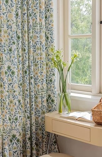 Cortinas de lino natural de mezcla de lino para sala de estarcortinas semiopacas de 102 pulgadas de largo, 1 panel, paneles de ventana florales de