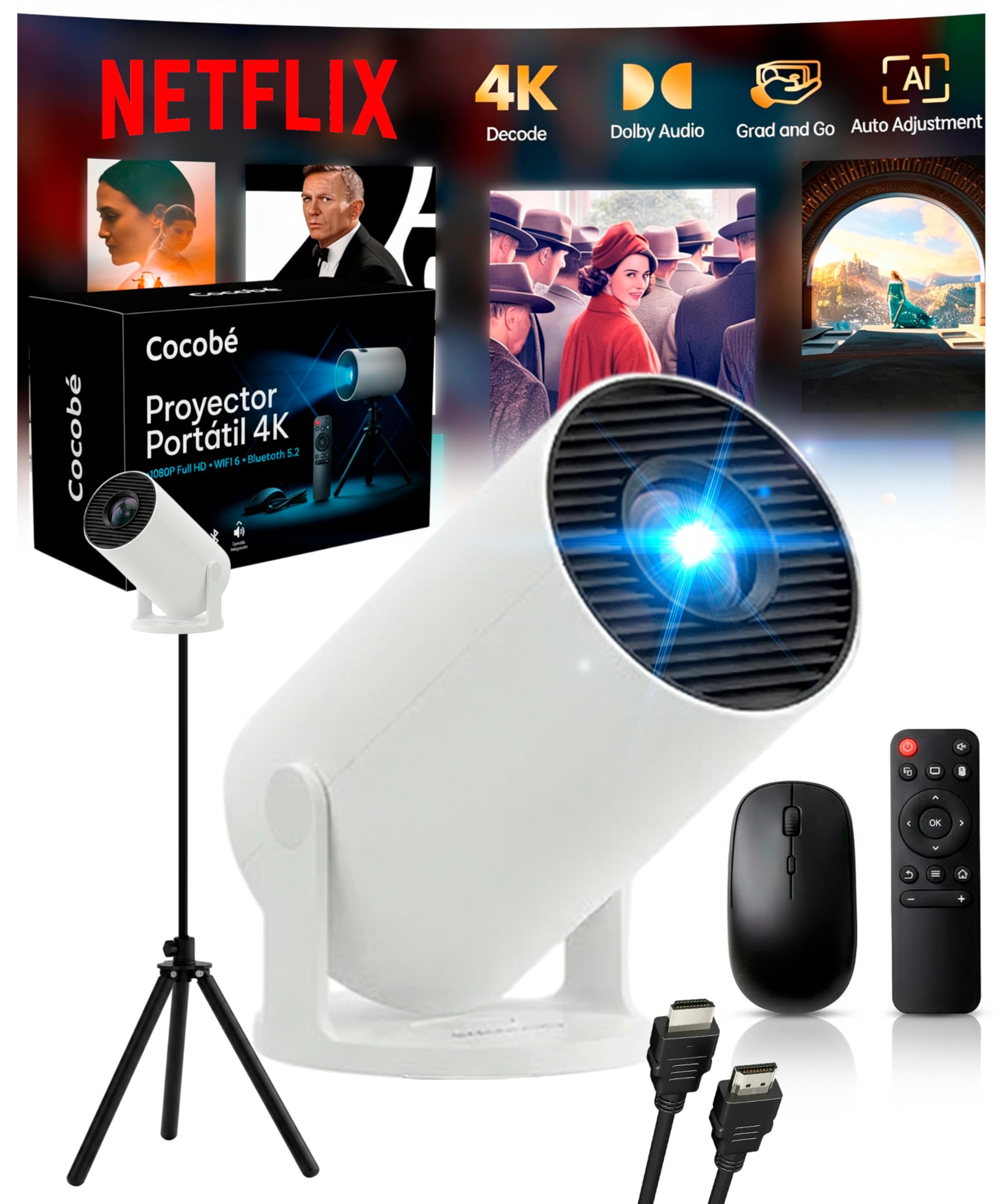 Proyector Portatil Compatible con 4k con Trípode Incluido, App Integrada, Ratón, Cable HDMI y Mando - Mini Proyector Portatil con Decodificación Full HD 1080P Enfoque Automático y Cine en Casa