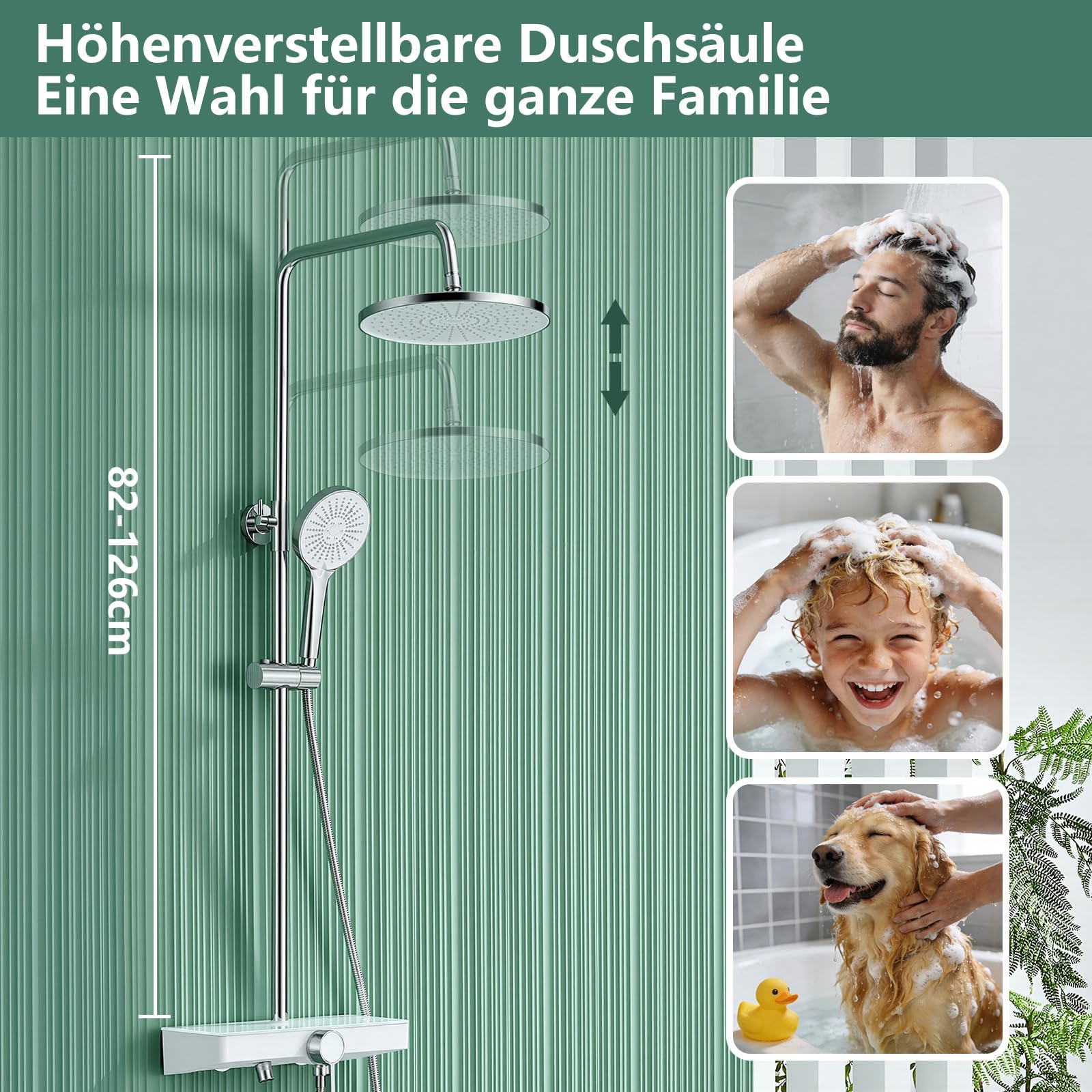 Duschsystem ohne Thermostat mit 26 cm runder Regendusche & Handbrause Duscharmatur Komplettset Höhenverstellbar mit Sicherheitsglas-Ablage & multifunktionalem Schwenkauslauf