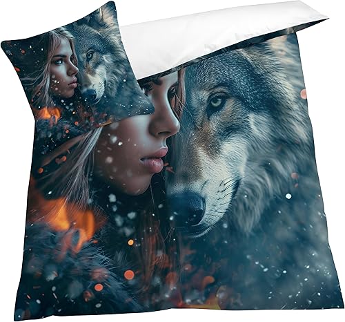 OmErsa Juego de funda de edredón de 3 piezas con diseño de lobo para niña, tamaño California King, diseño de cuento de hadas de fantasía con