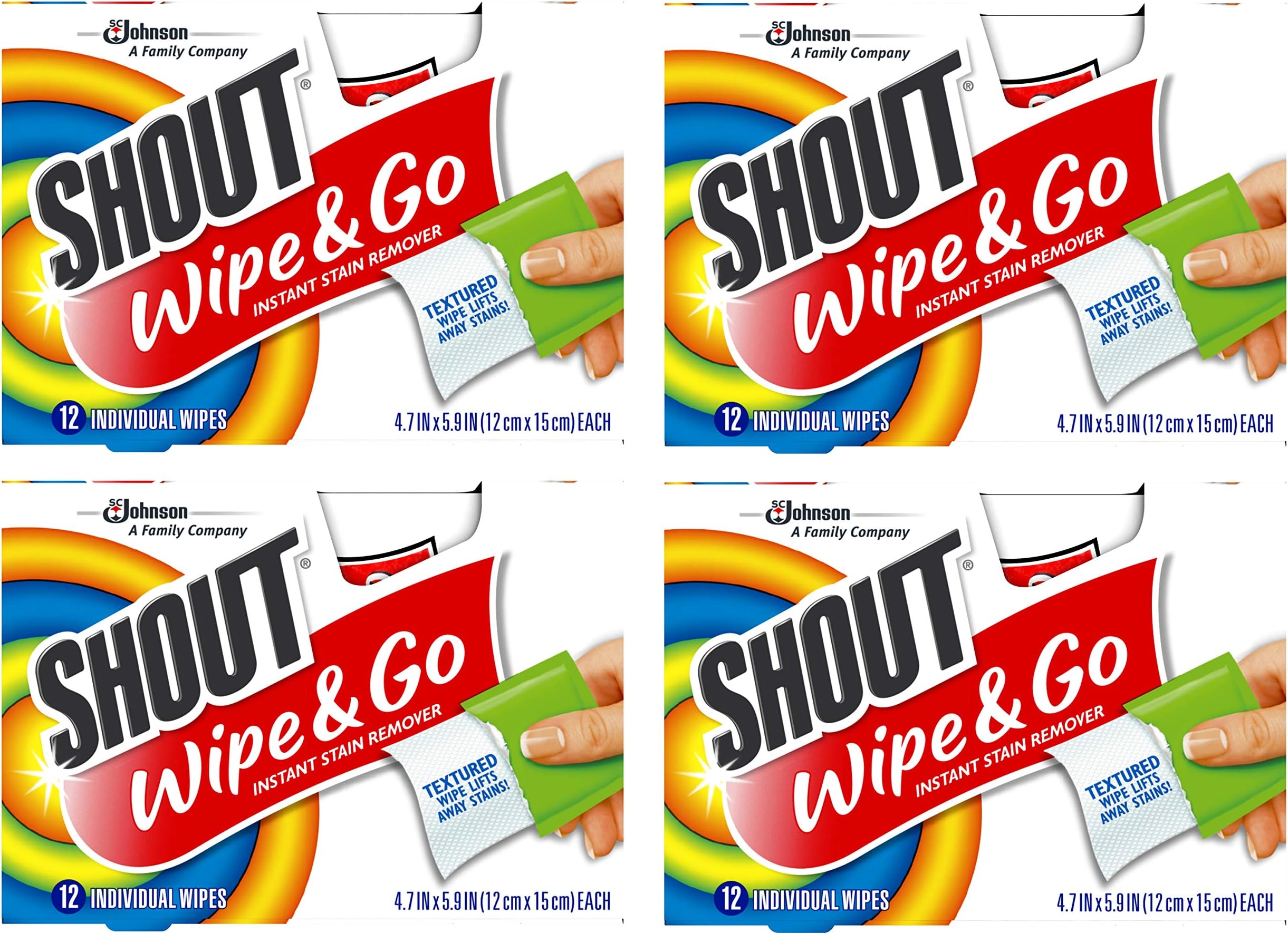 Shout Wipes - Portable Stain Treater Towelettes - (4- Pack,48 Wipes Count)
