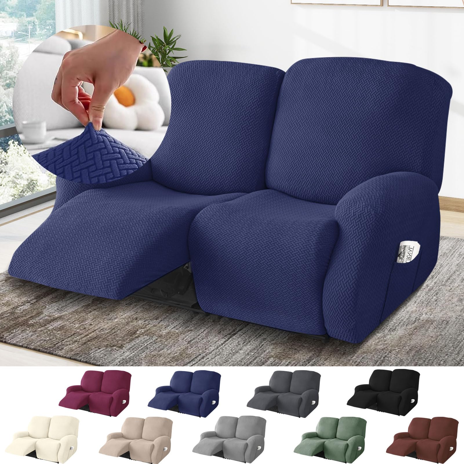 BOYIFEIJIE 2-Seater Recliner Sofa Covers, All-Inclusive Striped Jacquard Sofa Slipcover with Pocket, Non-Slip Stretch Recliner Protector for Living Room Recliner Sofa (Blue, 6-Pieces)