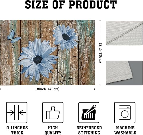 Miniatura 4 de Giwawa Juego de 4 manteles individuales rústicos con diseño de margaritas, girasoles azules sobre tablero de madera vintage, manteles individuales