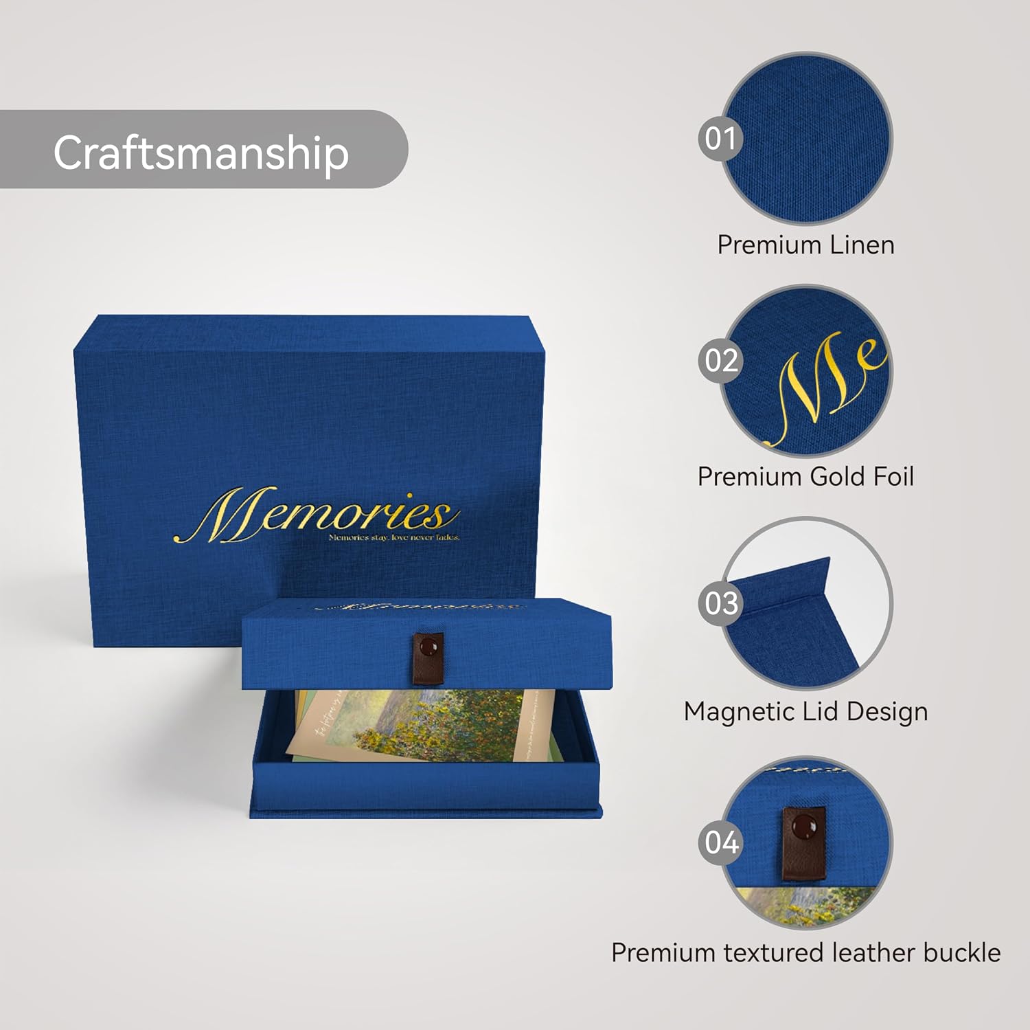 8x10 Premium Linen & Gold Foil Archival Photo Storage Box with Lid - Stackable Memory Keepsake Organizer for Photos, Certificates, Passports, Jewelry & Craft Supplies,Blue