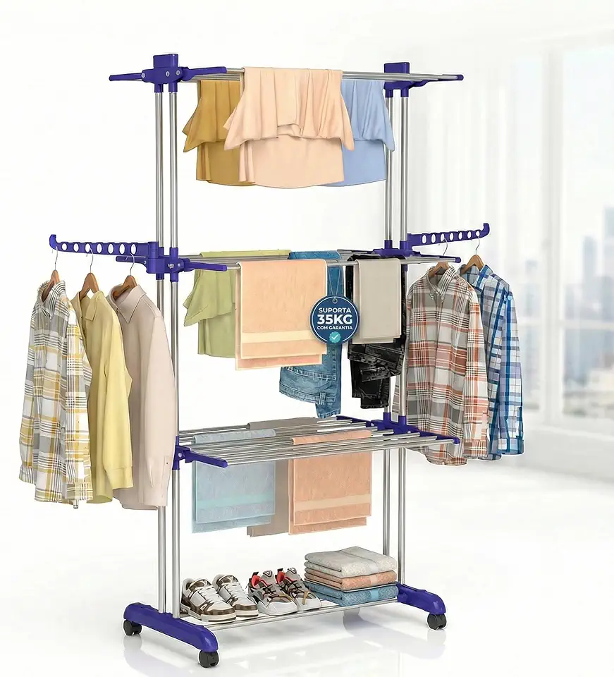 Varal de Chão 3 Andares Dobrável com Rodinhas e Cabideiro Lateral – Varal Vertical Grande em Aço Inoxidável Regulável, Retrátil, com Sapateira, para Uso Interno e Externo