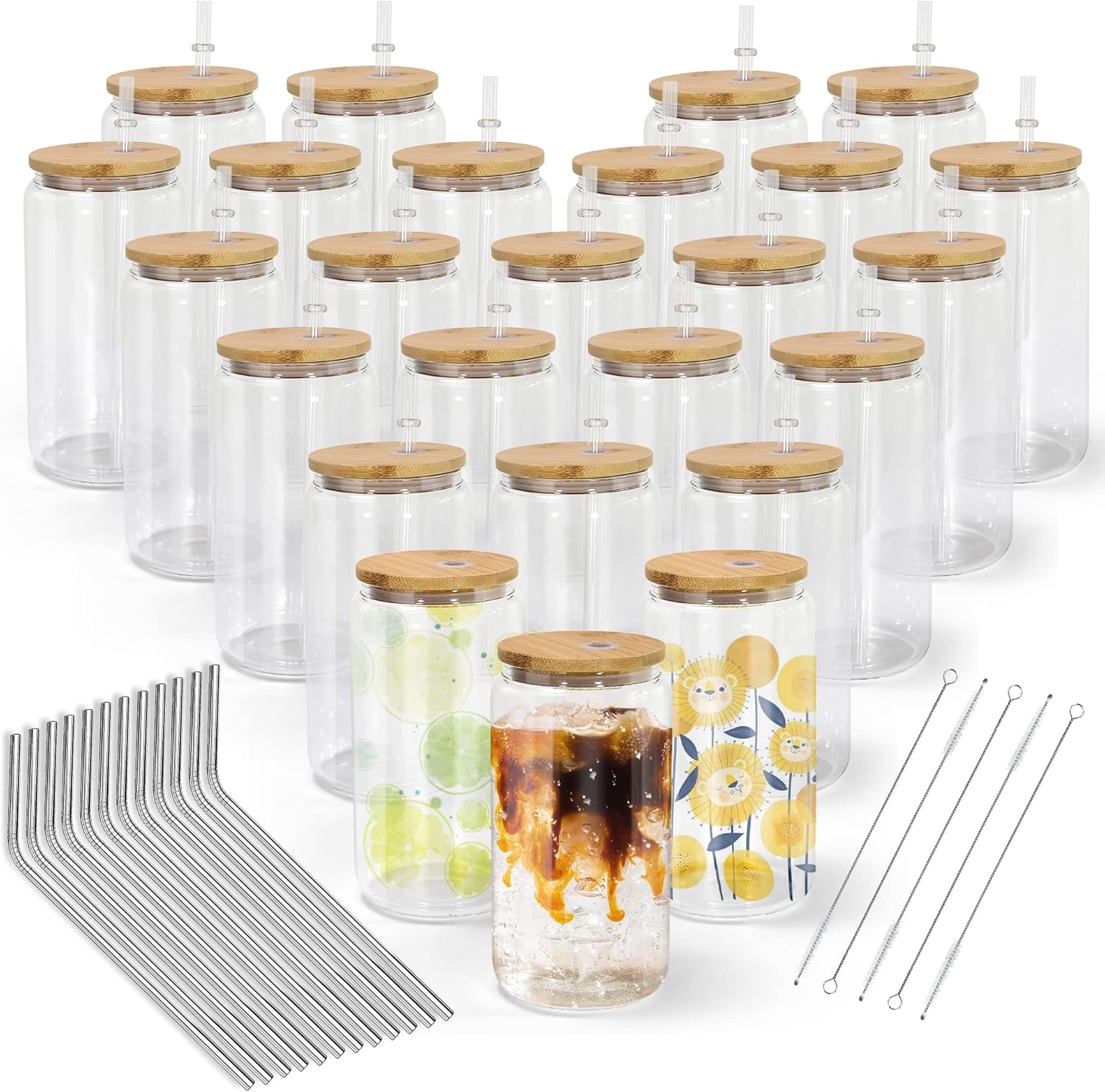 AGH 25Pack 16OZ Sublimation Glass Blanks With Bamboo Lid, Transparent Sublimation Beer Can Glass, Borosilicate Glasses Tumbler Mason Jar Cups Mug With Plastic Straw for Iced Coffee, Juice, Soda B-25-Transparent