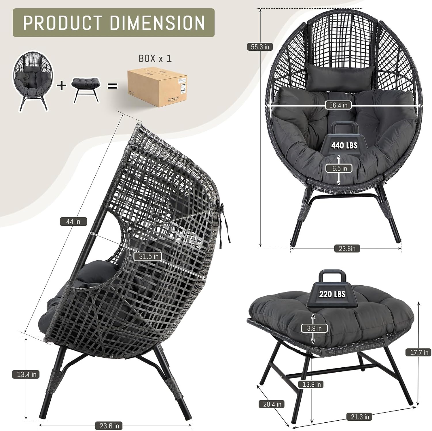 RADIATA 2 pcs Egg Chair with Footrest, Wicker Patio Lounger with Ottoman for 2, Oversized Rattan Egg Shaped Chair with Leg for Indoor Outdoor Patio Balcony Garden (Gray, 2pcs)