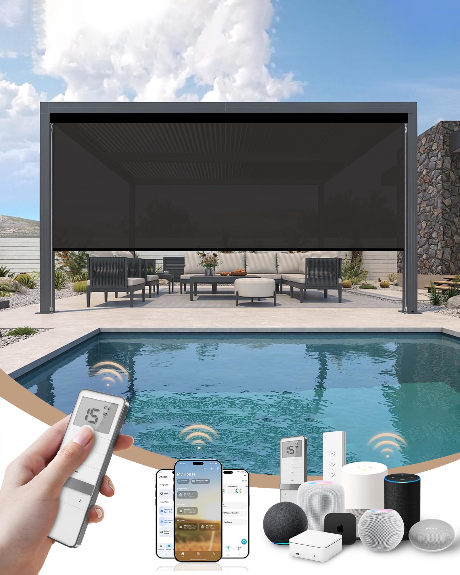 Kincmo Motorized Outdoor Shades for Patio Porch, Custom Outdoor Motorized Blinds with Remote, Waterproof &amp; Windproof Patio Shades Work with Apple Homekit,Alexa,Google (1% Openness Brown)