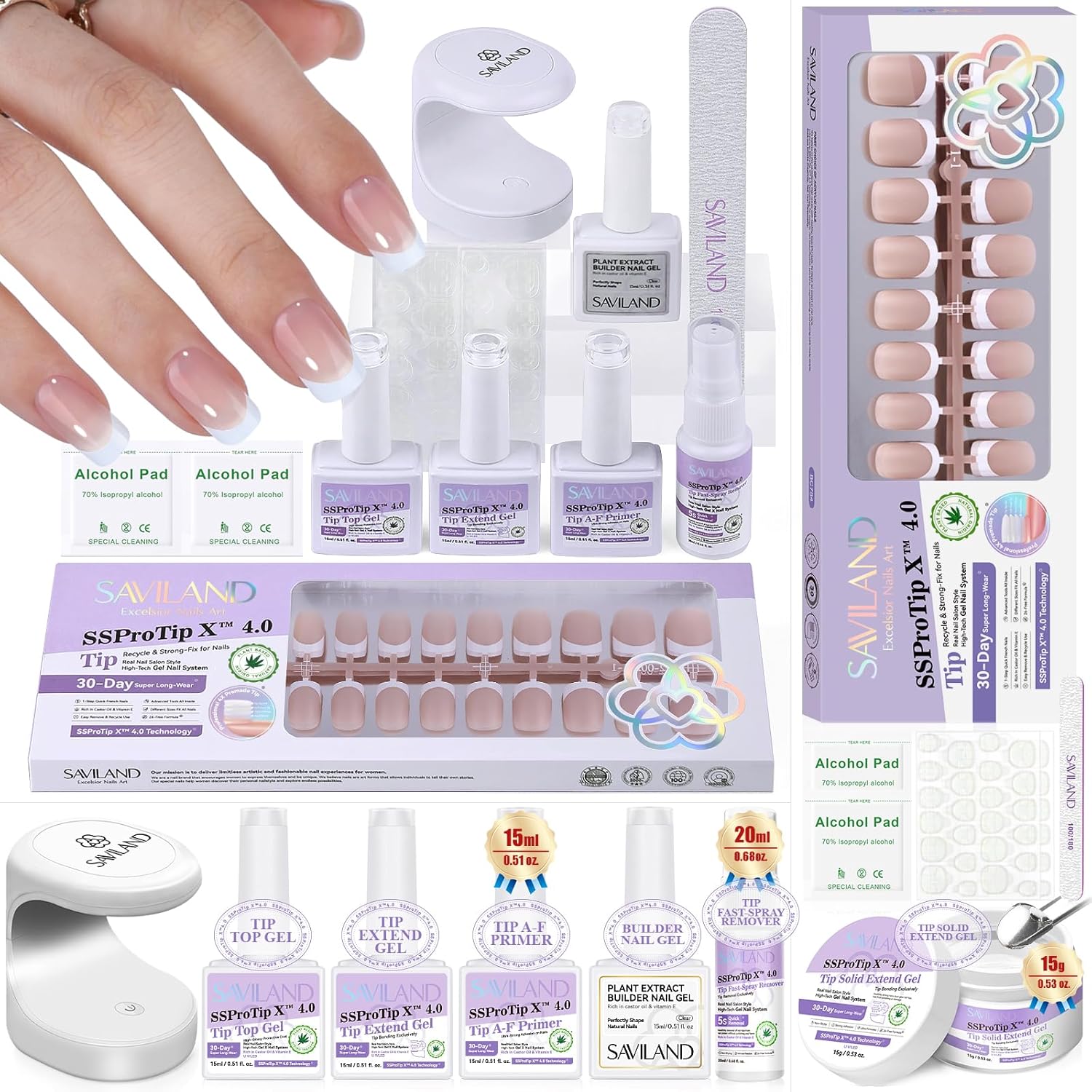 SAVILAND Press On Nails Short: French Tip Summer Builder Gel for Nail Long-lasting Solid Nail Glue Gel and U V Gels Glue Remover, Top Coat, Primer Prep and Mini Lamp, Manicure Art Kit DIY At Home