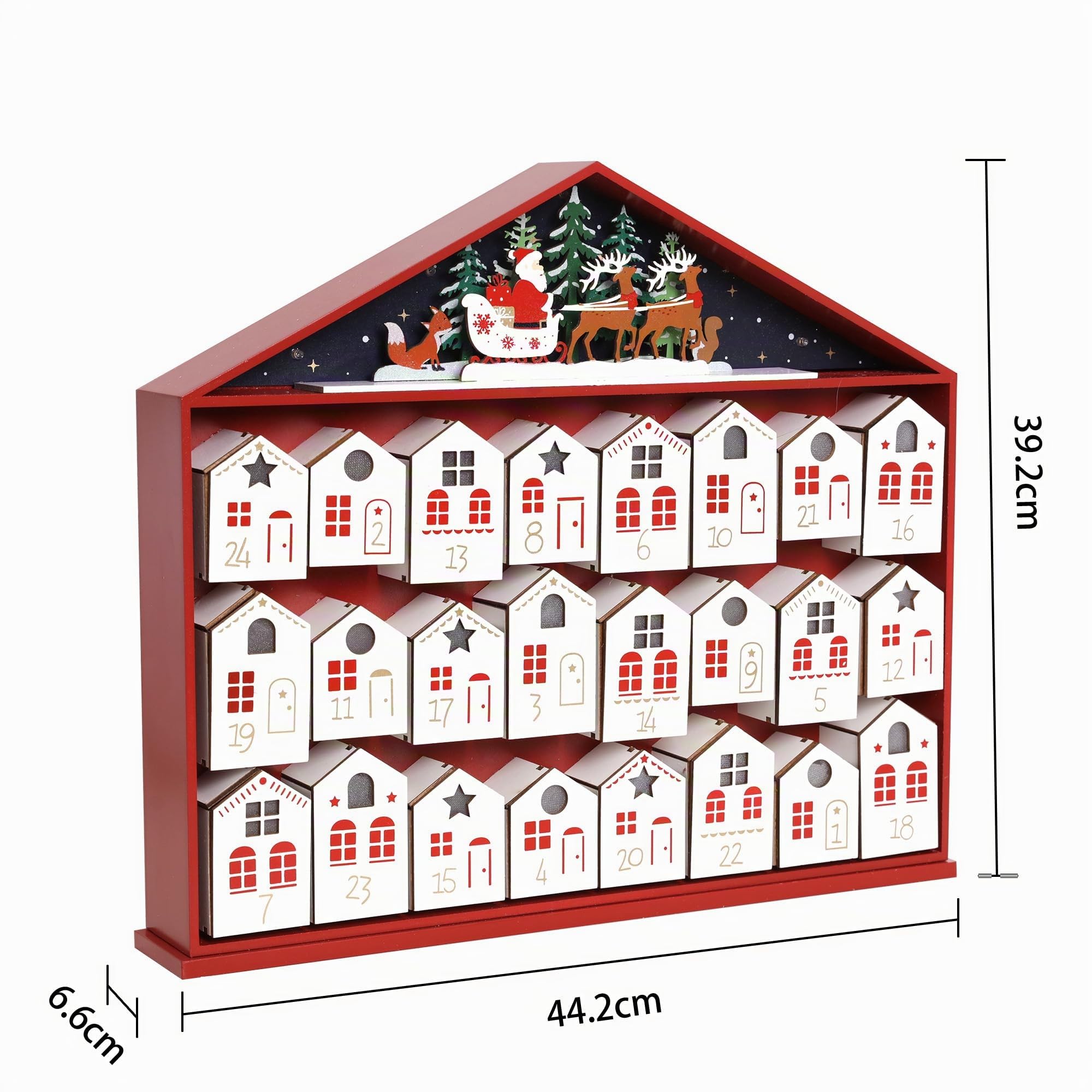 PE Weihnachten Holz Adventskalender Haus Groß mit LEDs und 24 Schubladen - Weihnachtskalender mit Santa und Rentieren - Weihnachtsdeko zum Befüllen 44,2 x 6,6 x 39,2cm