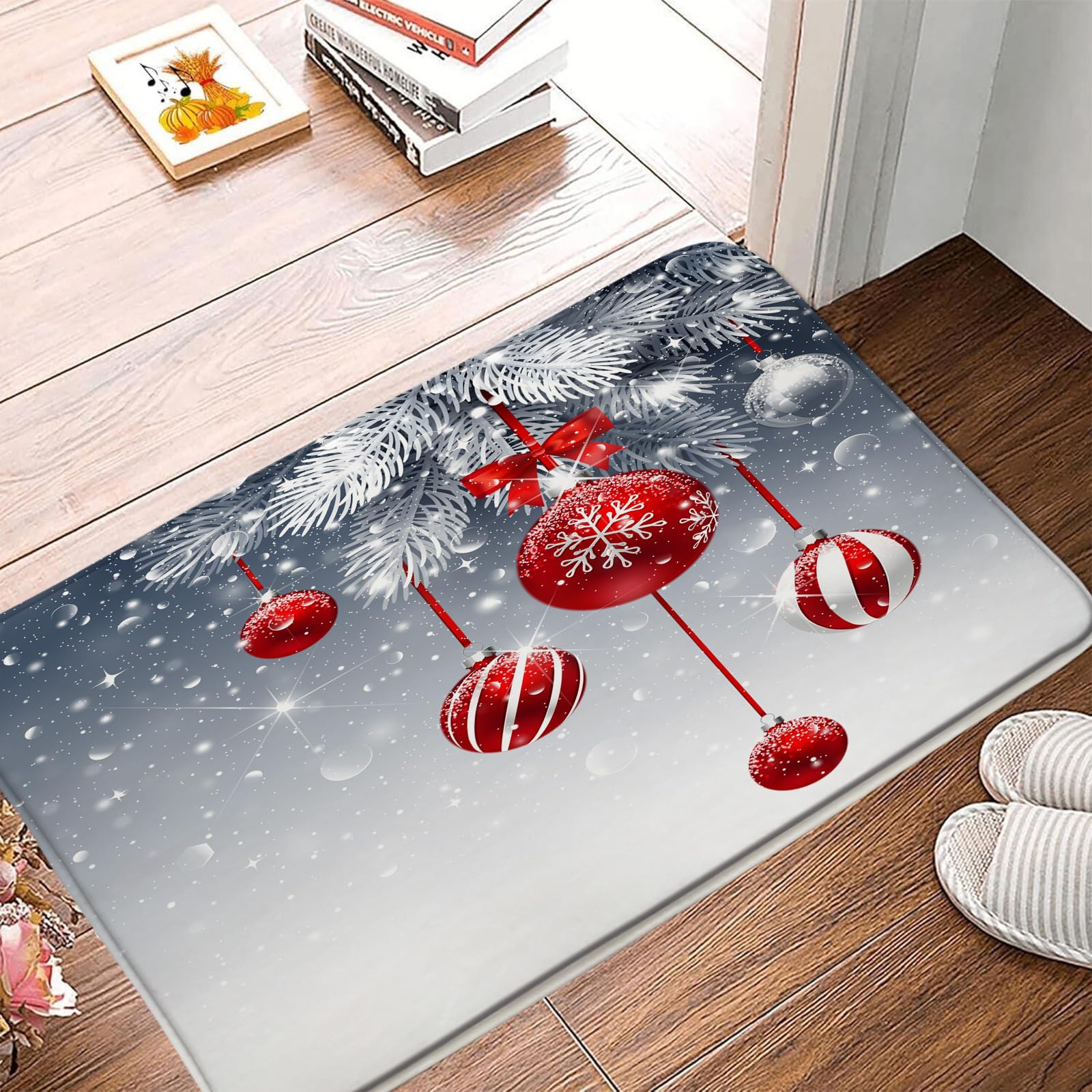 Christmas Bath Mat Red Gray Xmas Ball Silver Pine Tree Branch Dreamy Winter Holiday 17 8x29 5 Print