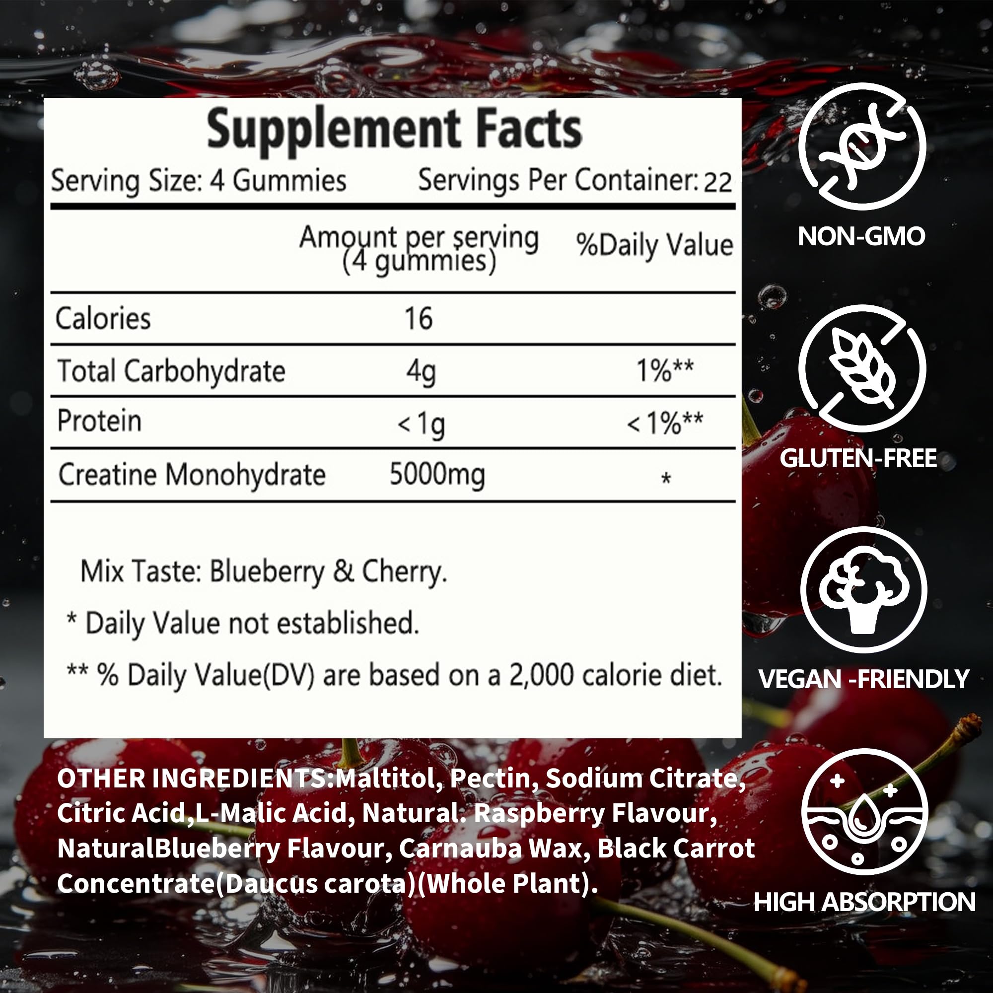 Creatine Monohydrate Gummies 5g (5000mg), Sugar-Free Creatine, Pre-Workout Energy, Veg, Non-GMO, for Men & Women - 90 Count Cherry Flavor — Amazon image 5