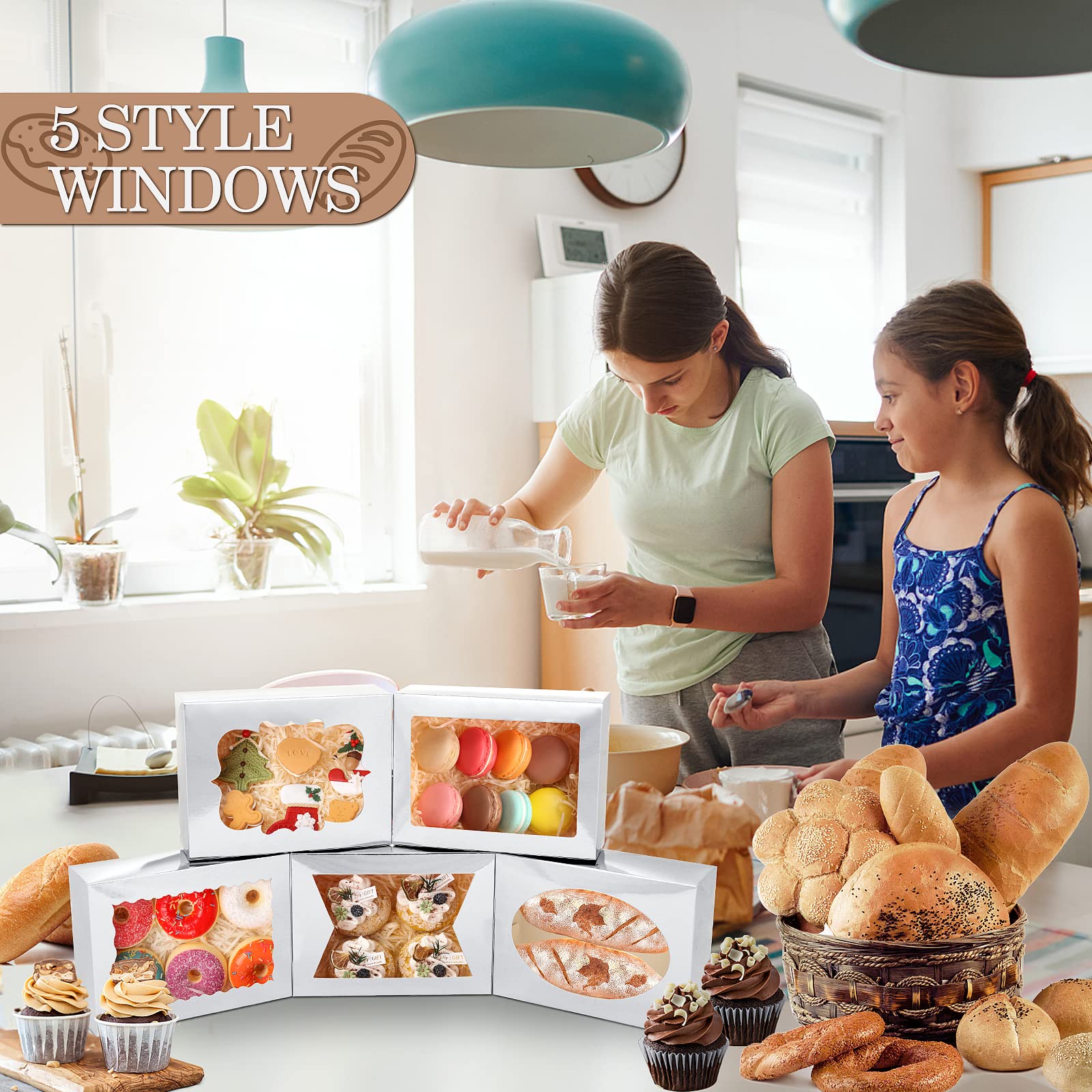 KPOSIYA 65 cajas de galletas de 8 x 6 x 2.5 pulgadas con ventana, cajas de panadería plateadas para regalo, golosinas, postres, cupcakes, chocolate, fresas, donas, magdalenas (5 ventanas de estilo)